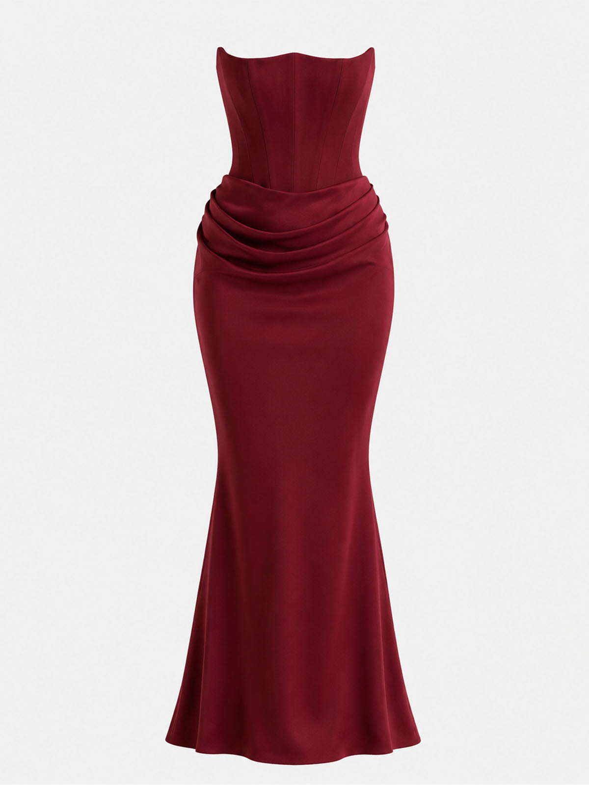 Sexy Sweetheart Strapless Corset Draped Mermaid Maxi Dress - Burgundy