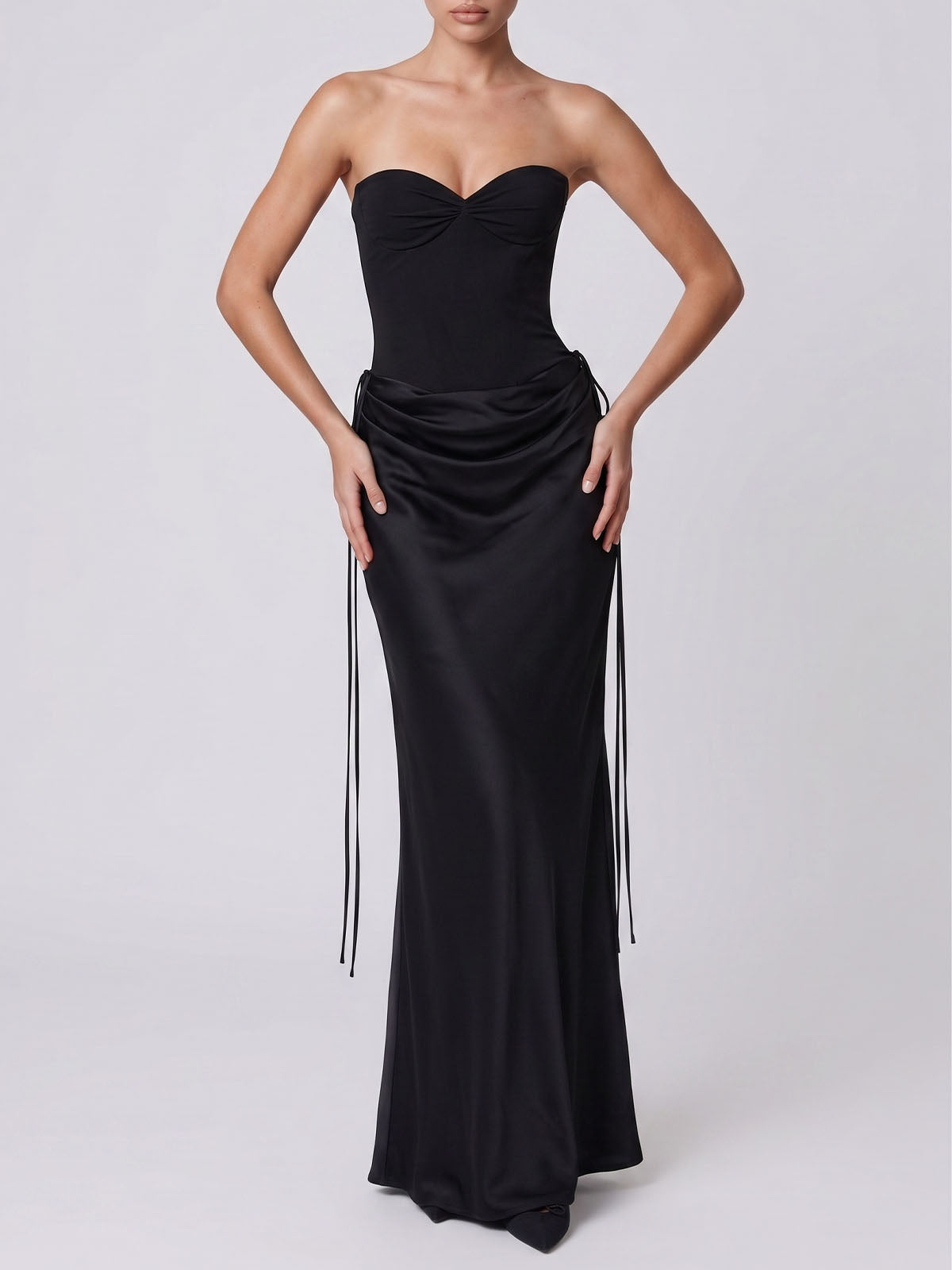 Sexy Sweetheart Strapless Corset Draped Satin Formal Maxi Dress - Black