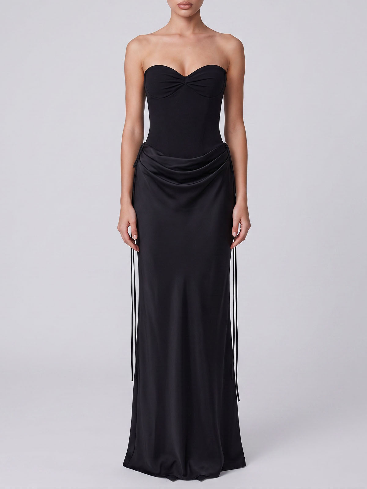 Sexy Sweetheart Strapless Corset Draped Satin Formal Maxi Dress - Black
