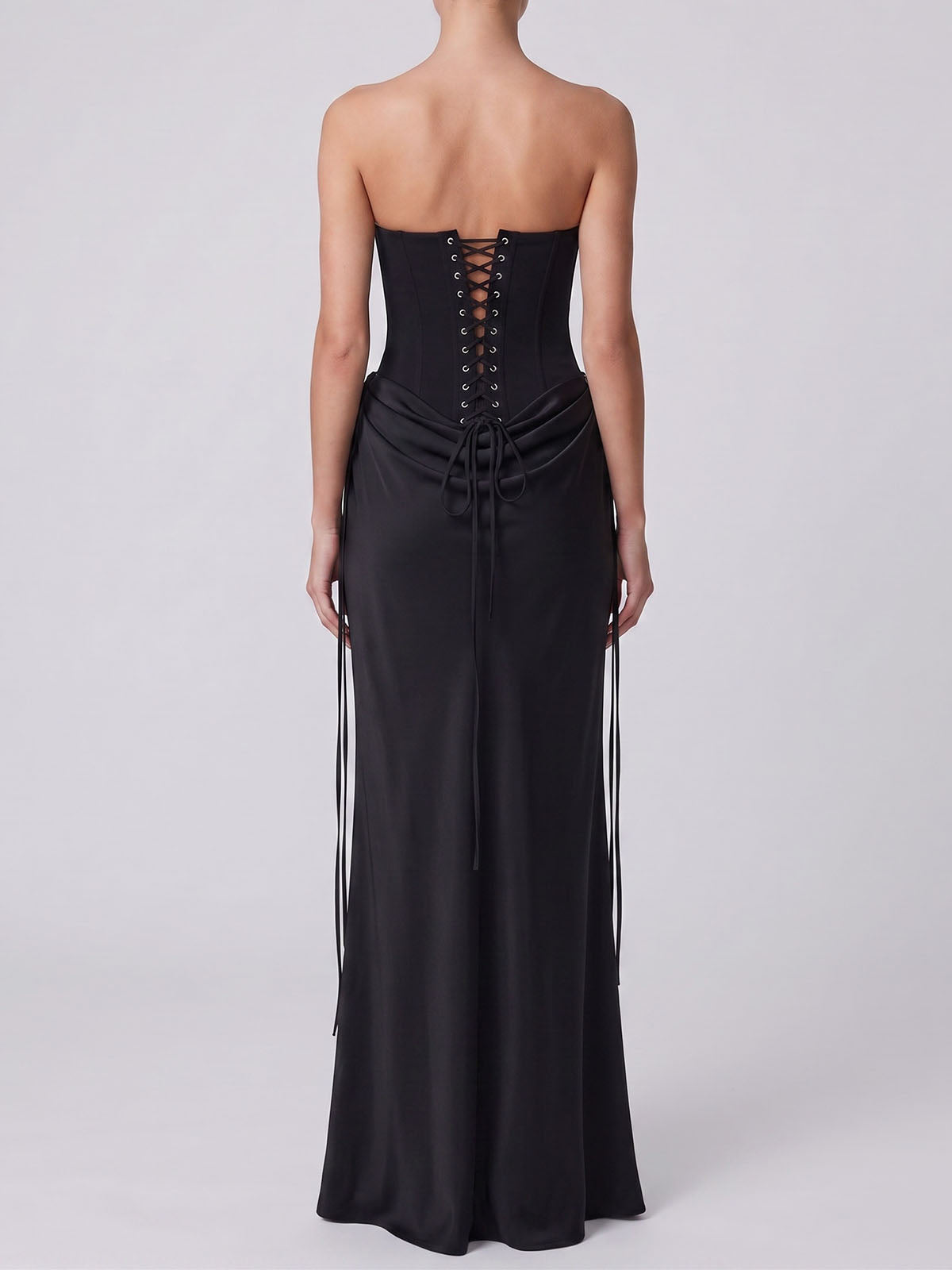 Sexy Sweetheart Strapless Corset Draped Satin Formal Maxi Dress - Black