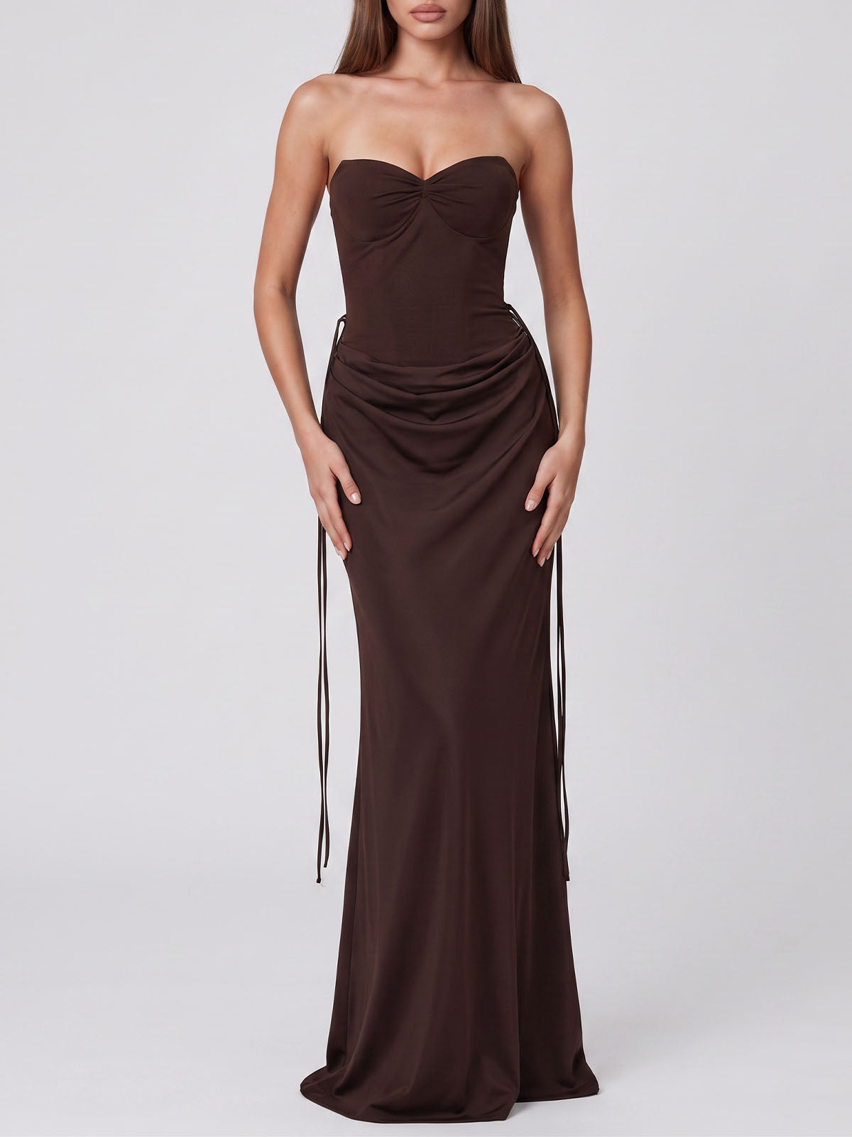 Sexy Sweetheart Strapless Corset Draped Satin Formal Maxi Dress - Coffee