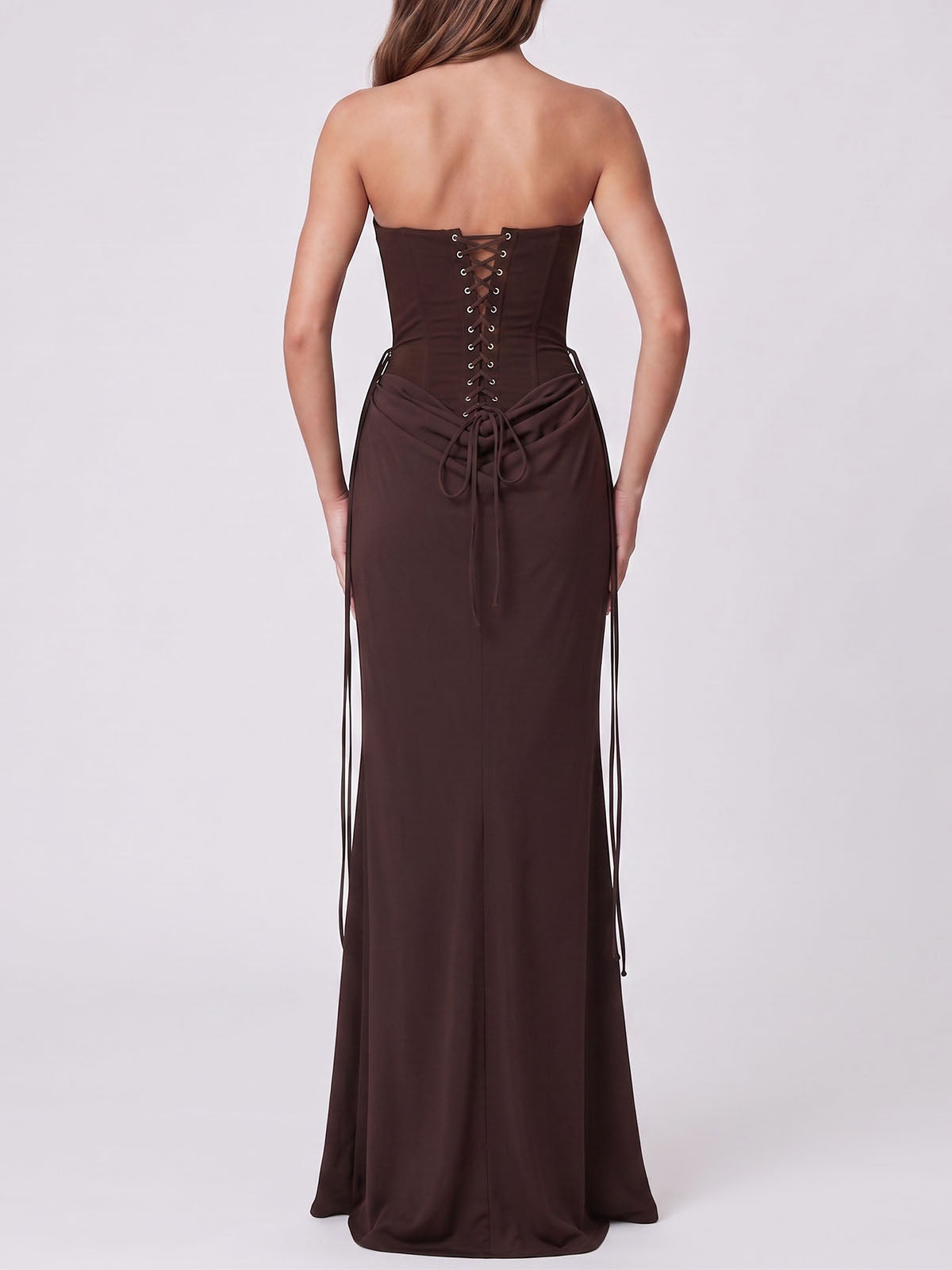 Sexy Sweetheart Strapless Corset Draped Satin Formal Maxi Dress - Coffee