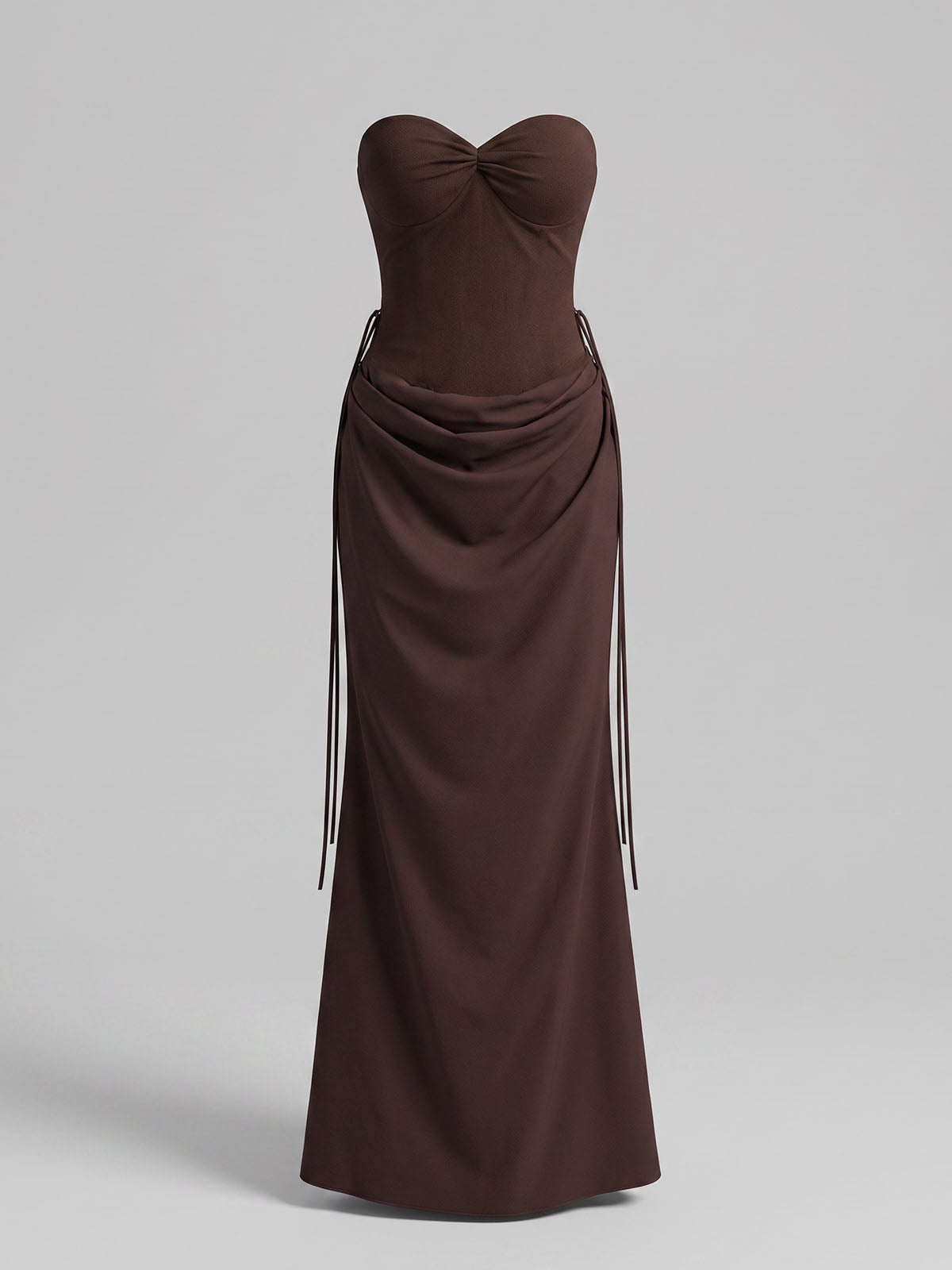 Sexy Sweetheart Strapless Corset Draped Satin Formal Maxi Dress - Coffee