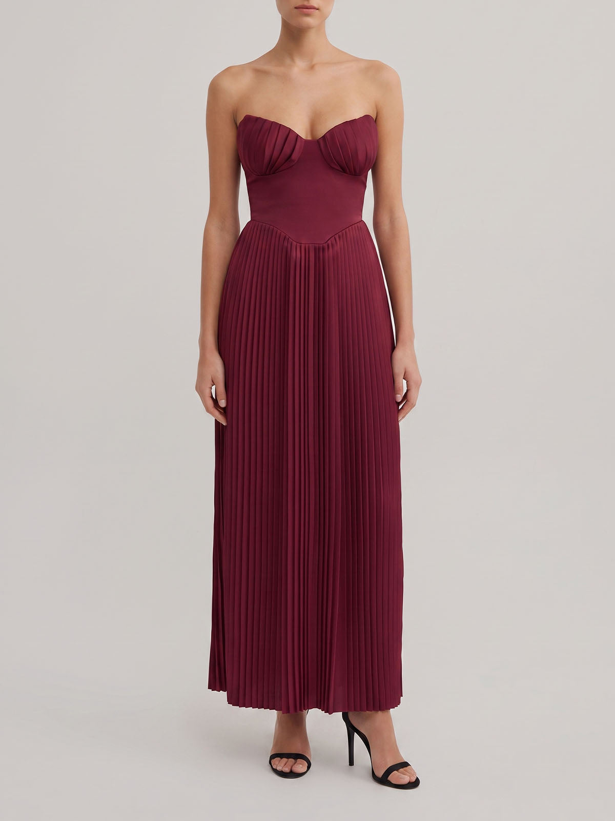 Sexy Sweetheart Strapless Drop Waist Pleated Maxi Dress - Burgundy