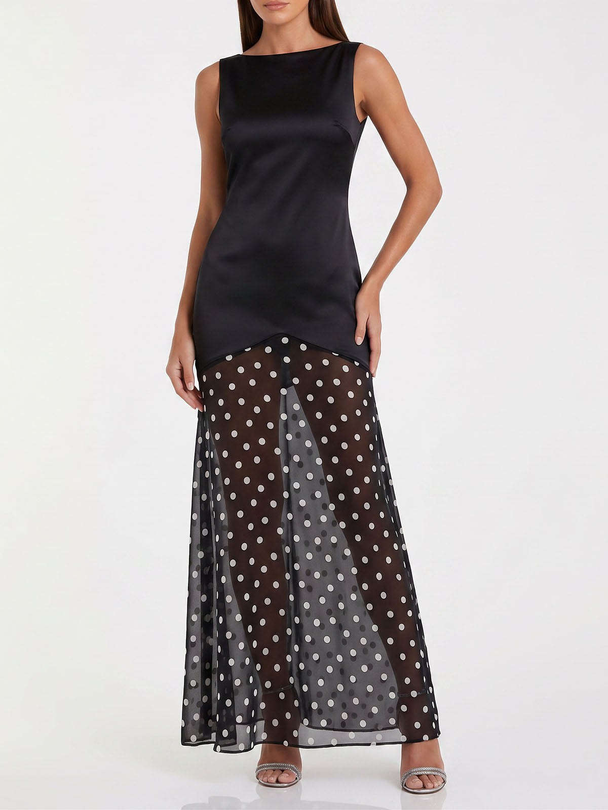 Silky Cowl Back Polka Dot Mesh Satin Sleeveless Maxi Dress - Black