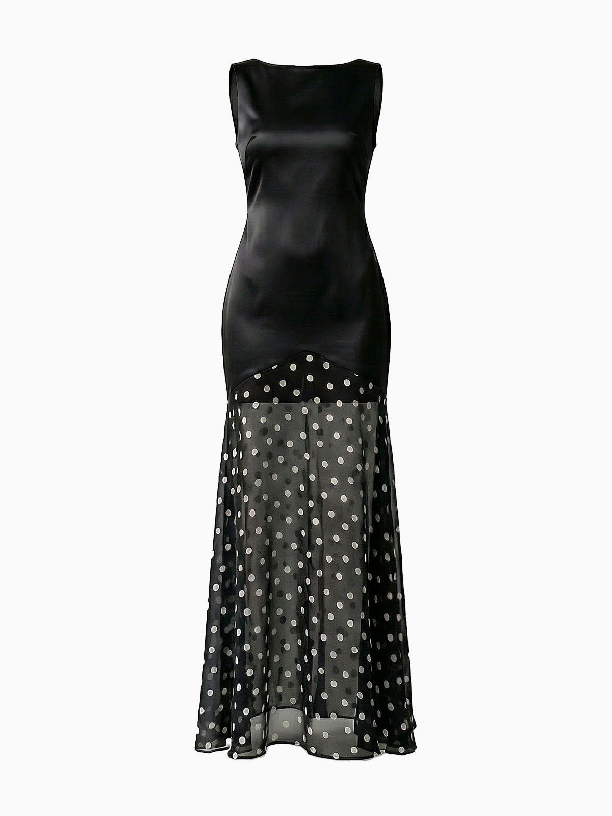 Silky Cowl Back Polka Dot Mesh Satin Sleeveless Maxi Dress - Black