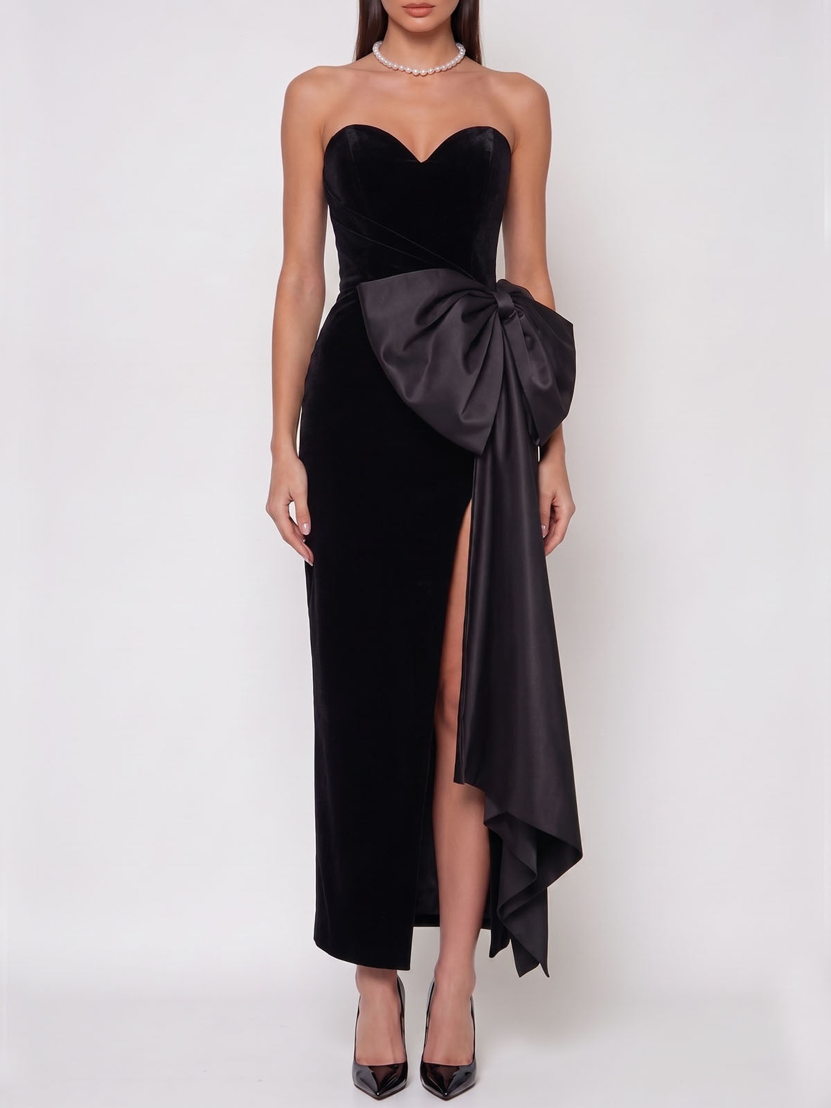 Silky Satin Bow Strapless Velvet Corset Cocktail Midi Dress - Black