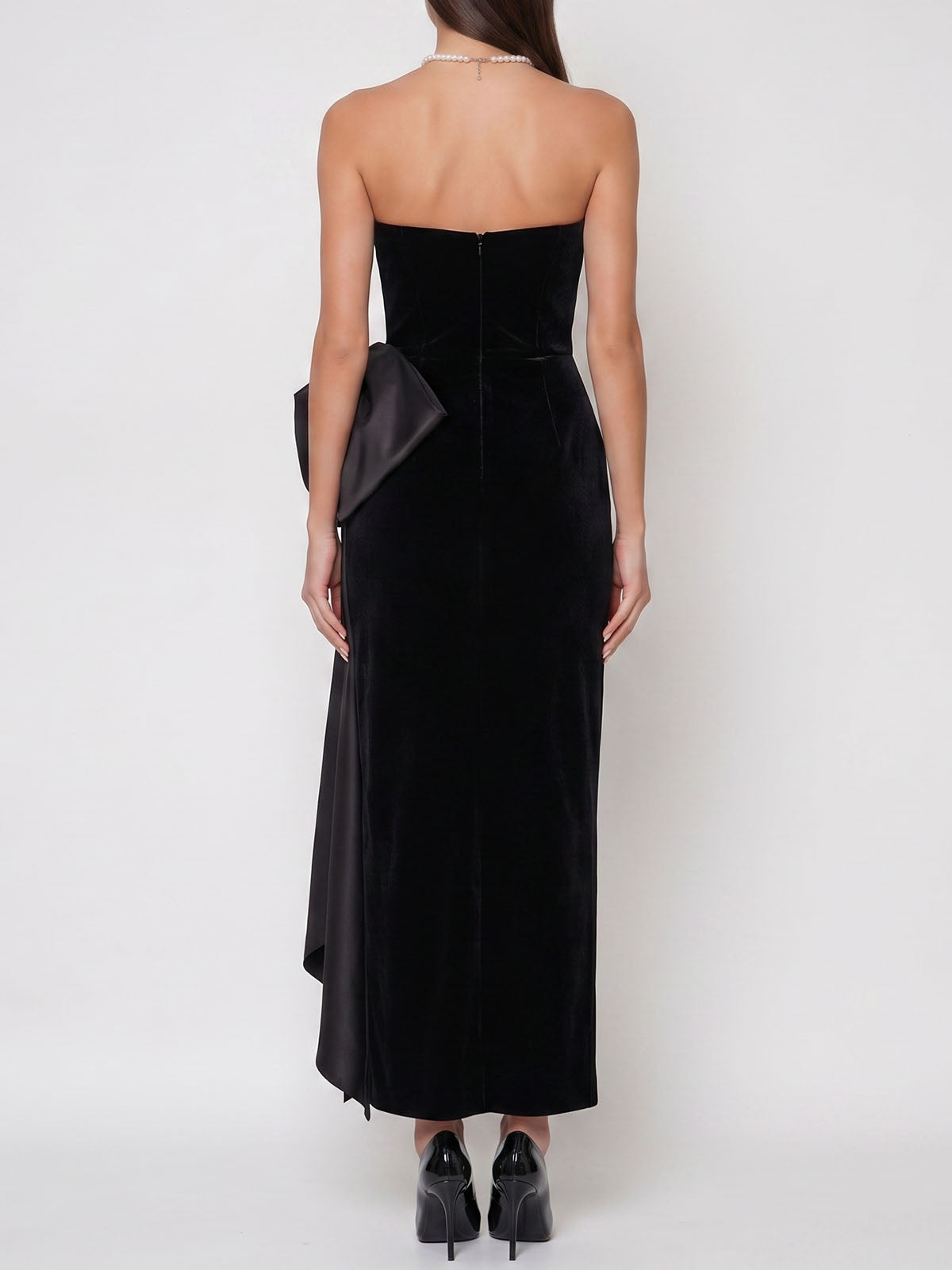 Silky Satin Bow Strapless Velvet Corset Cocktail Midi Dress - Black
