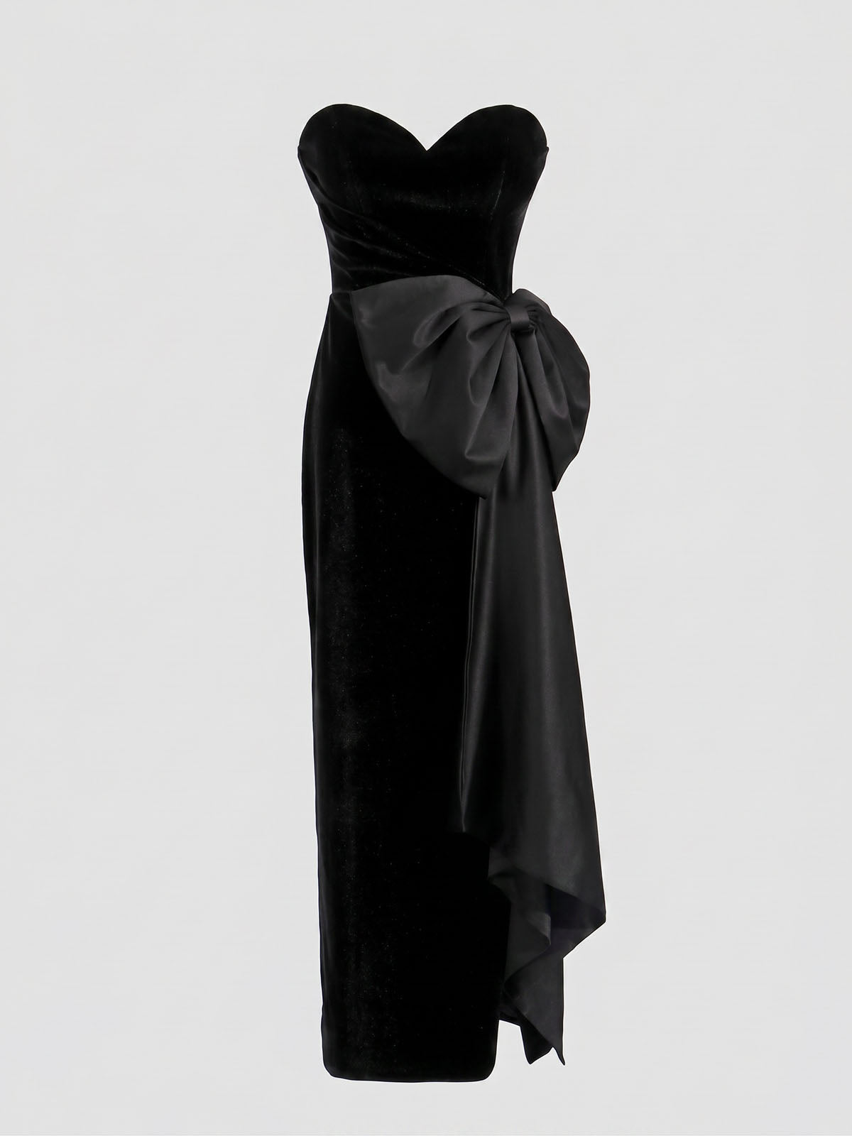 Silky Satin Bow Strapless Velvet Corset Cocktail Midi Dress - Black