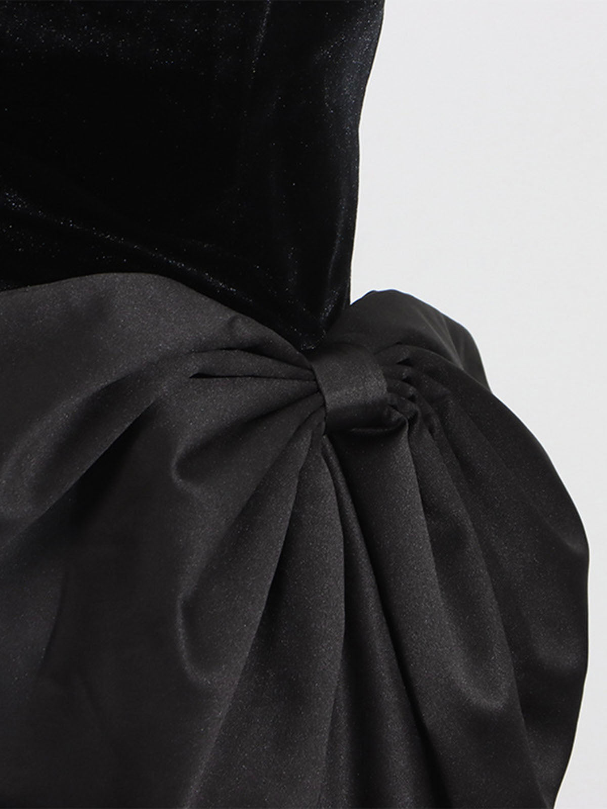 Silky Satin Bow Strapless Velvet Corset Cocktail Midi Dress - Black