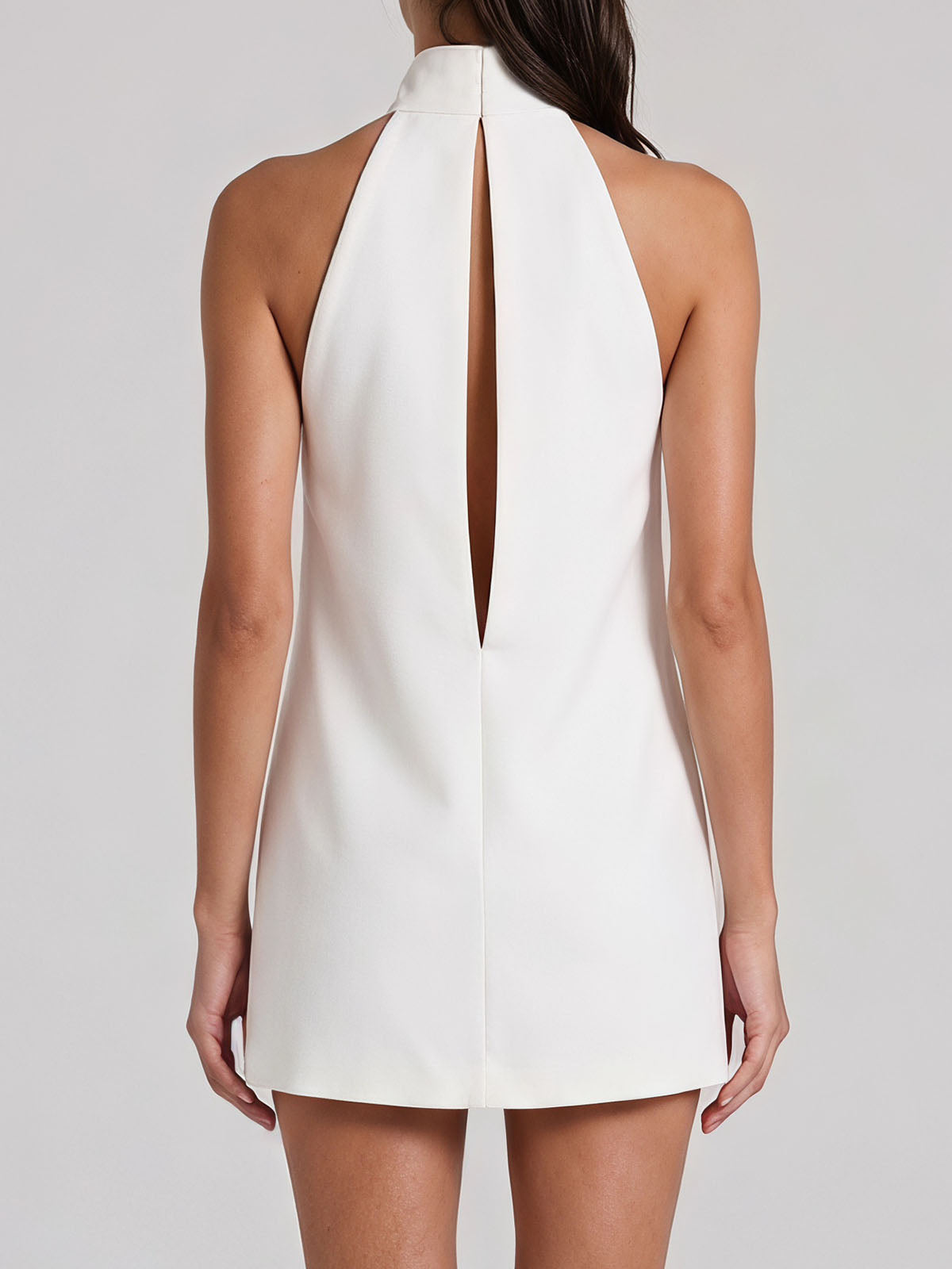 Simple High Neck Split Cutout Sleeveless Crepe Mini Dress - White