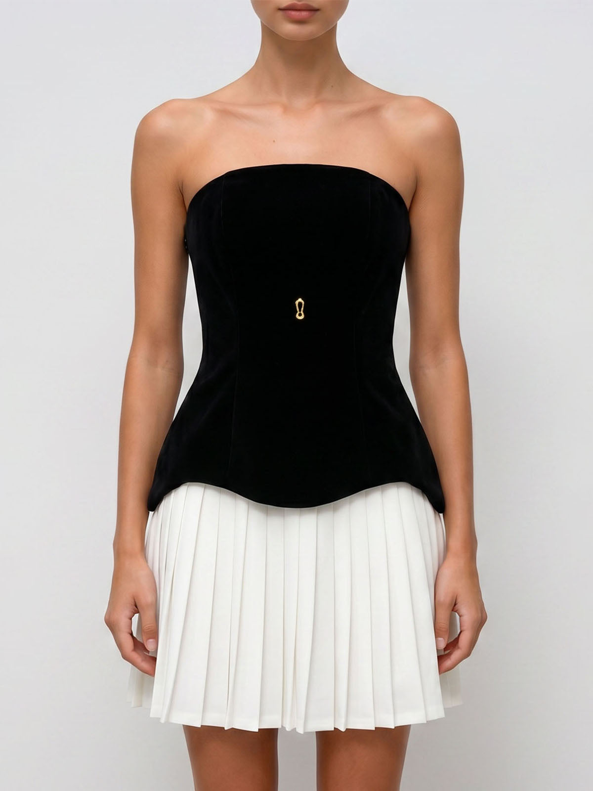 Simple Strapless Velvet Lace Up Pleated Graduation Mini Dress - Black