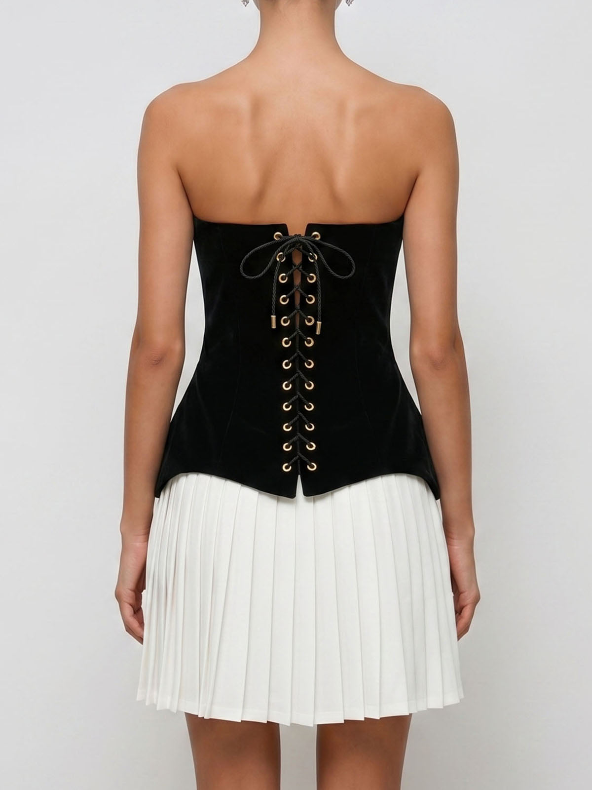 Simple Strapless Velvet Lace Up Pleated Graduation Mini Dress - Black