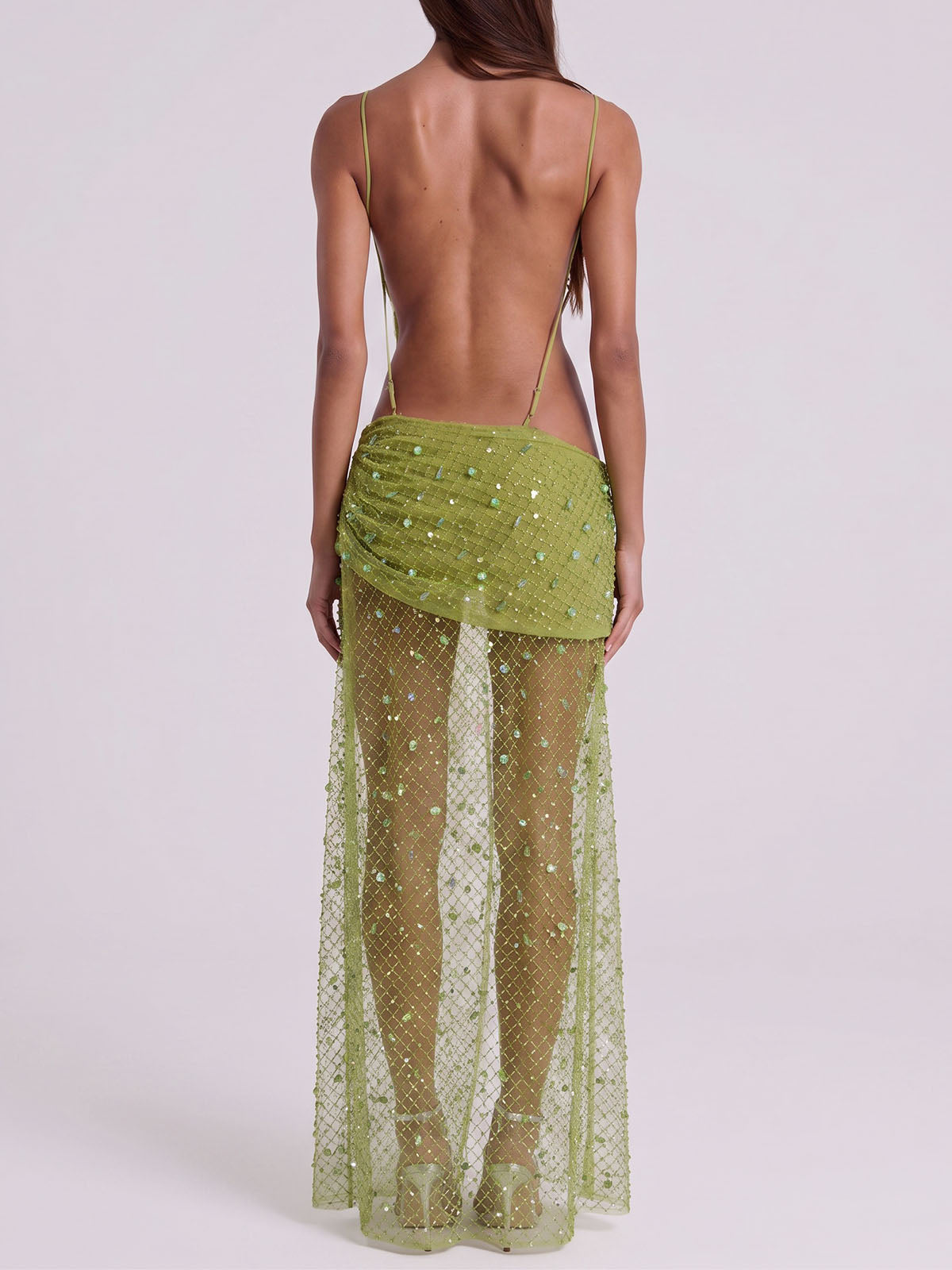 Sparkly Beaded Cutout Backless Mesh Boho Slip Maxi Dress - Green