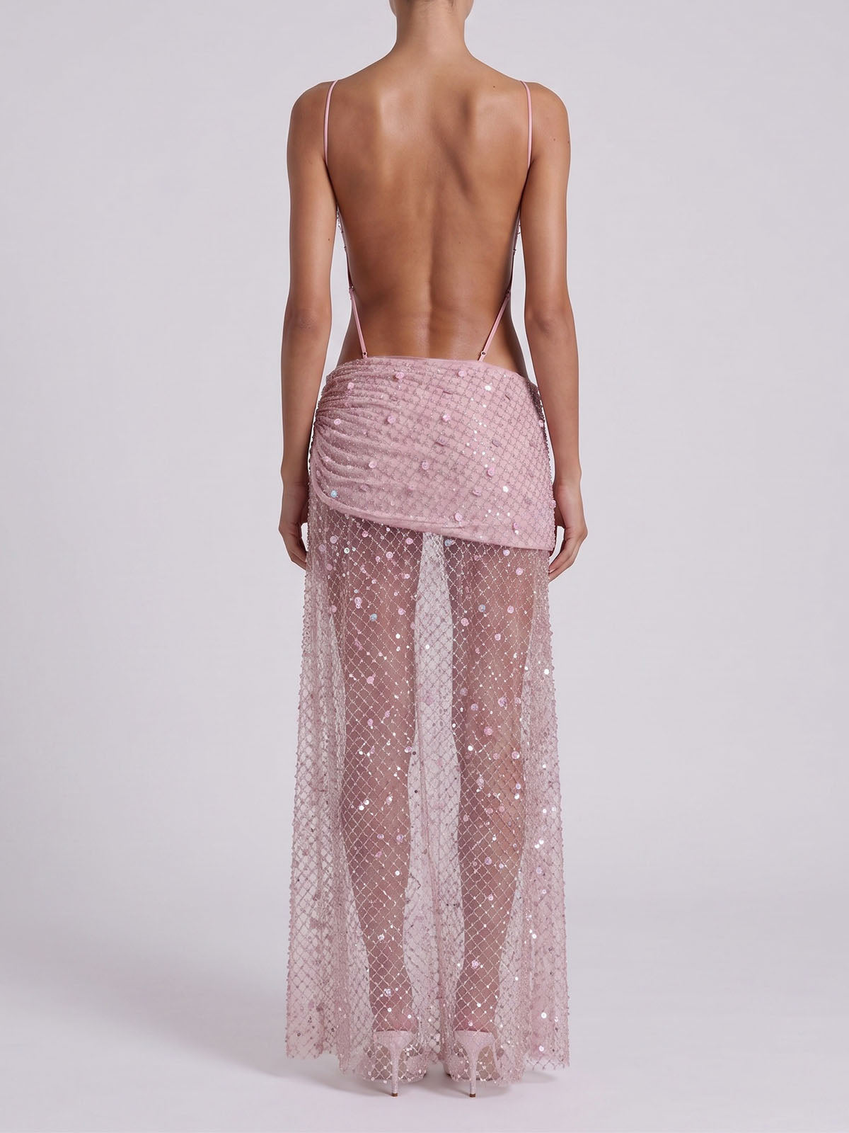 Sparkly Beaded Cutout Backless Mesh Boho Slip Maxi Dress - Light Pink