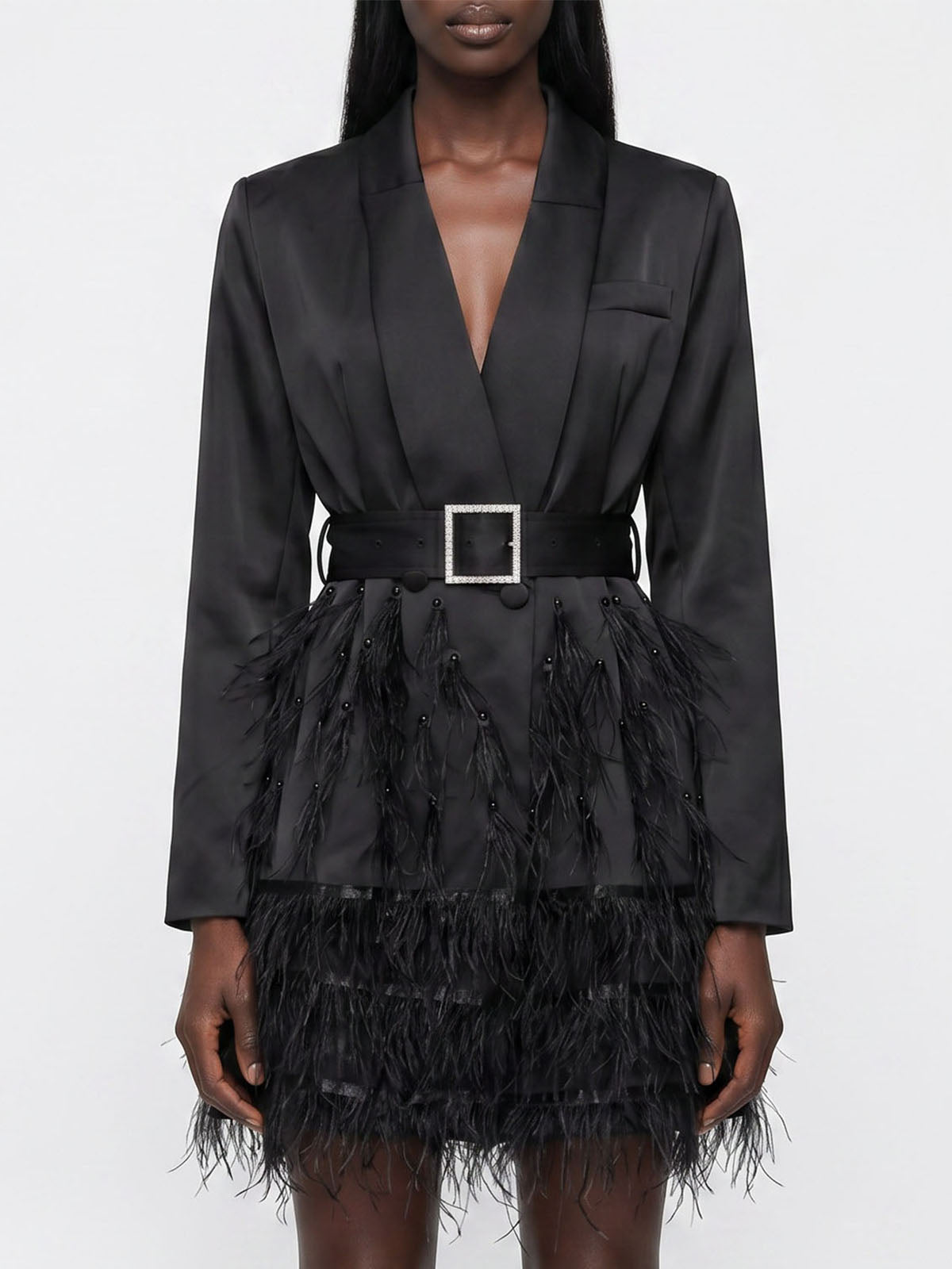 Sparkly Crystal Belted Feather Trim Blazer Party Mini Dress - Black