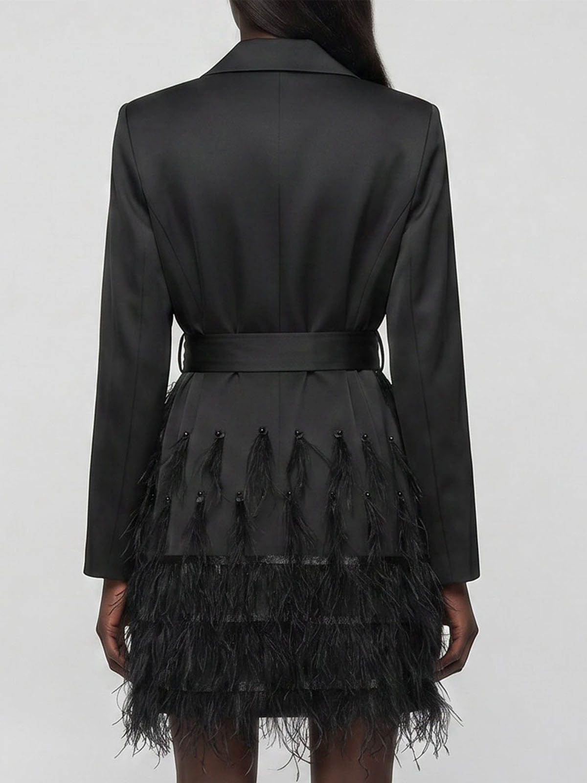 Sparkly Crystal Belted Feather Trim Blazer Party Mini Dress - Black