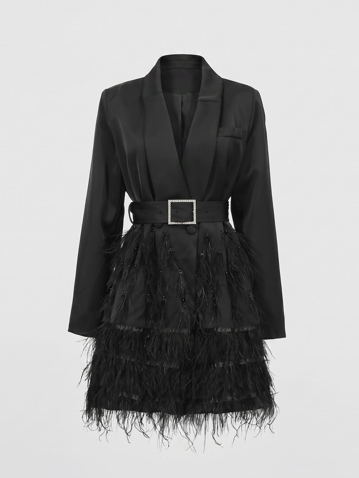 Sparkly Crystal Belted Feather Trim Blazer Party Mini Dress - Black