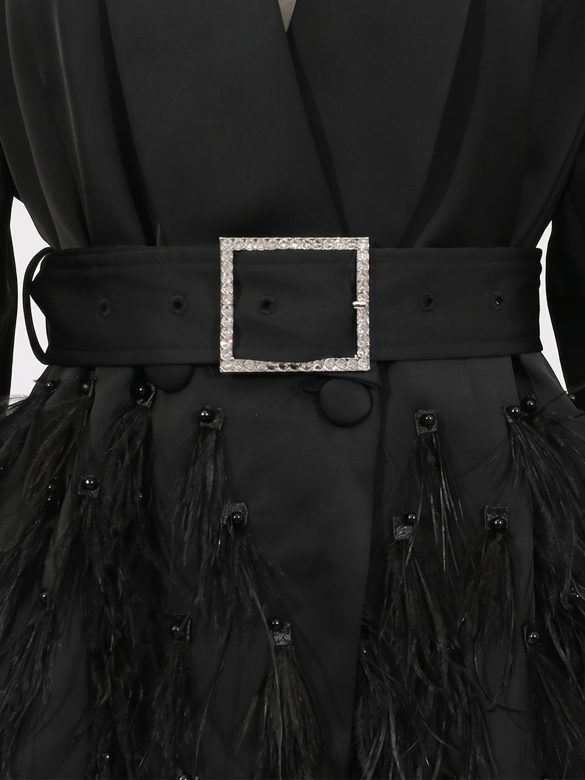 Sparkly Crystal Belted Feather Trim Blazer Party Mini Dress - Black