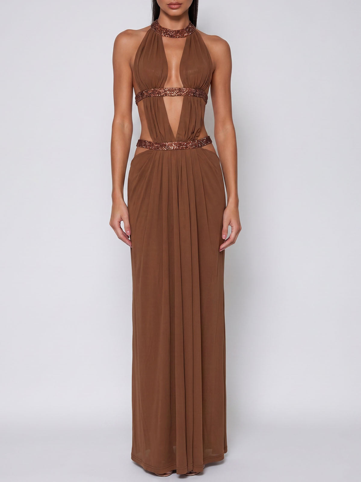 Sparkly Crystal Crew Neck Ruched Mesh Sexy Cut Out Maxi Dress - Brown