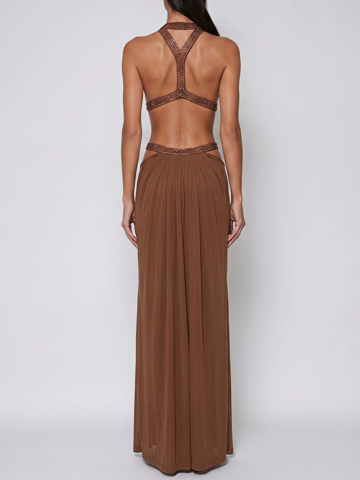 Sparkly Crystal Crew Neck Ruched Mesh Sexy Cut Out Maxi Dress - Brown