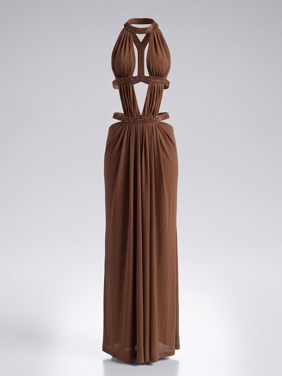 Sparkly Crystal Crew Neck Ruched Mesh Sexy Cut Out Maxi Dress - Brown