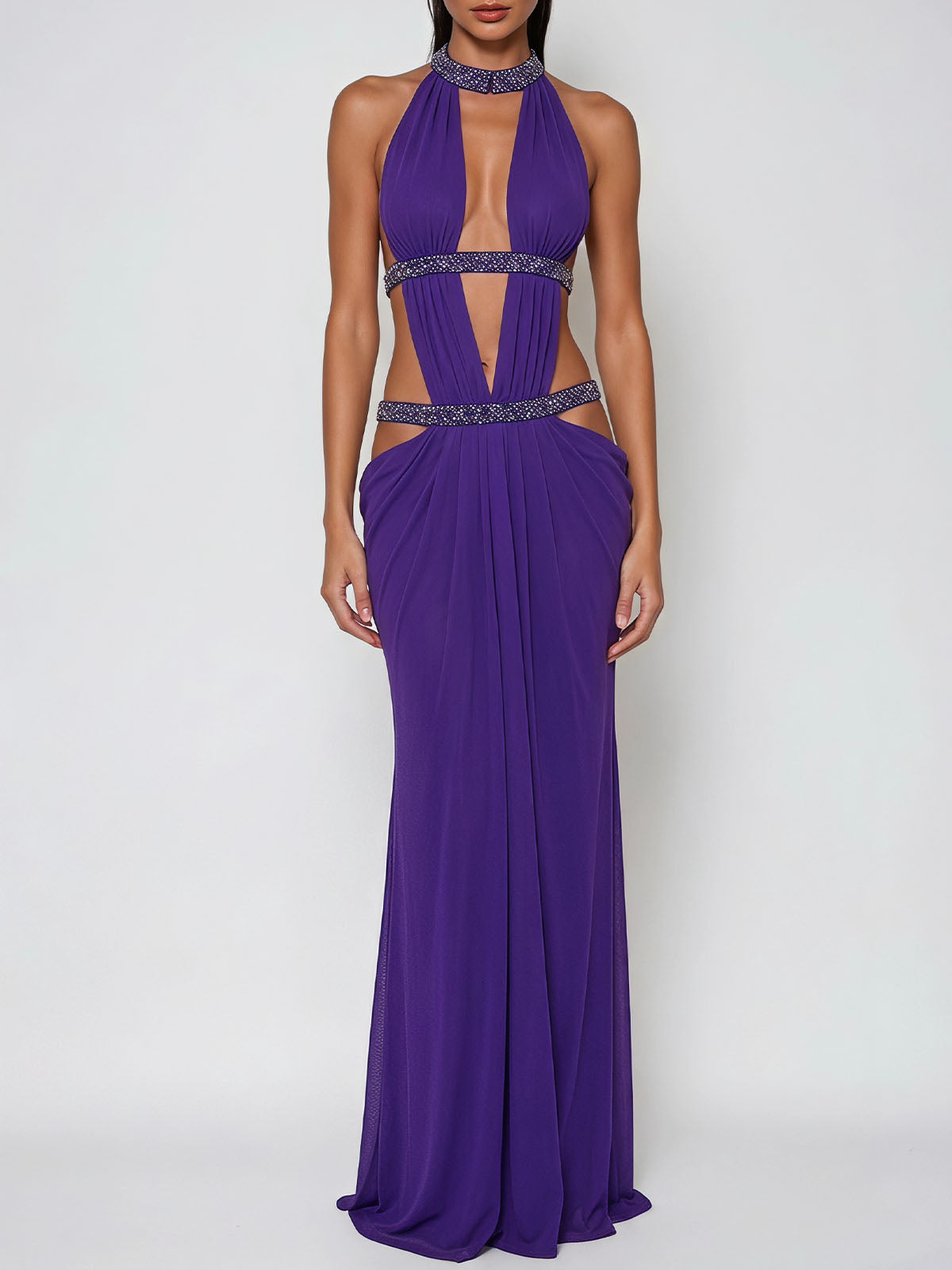Sparkly Crystal Crew Neck Ruched Mesh Sexy Cut Out Maxi Dress - Dark Purple