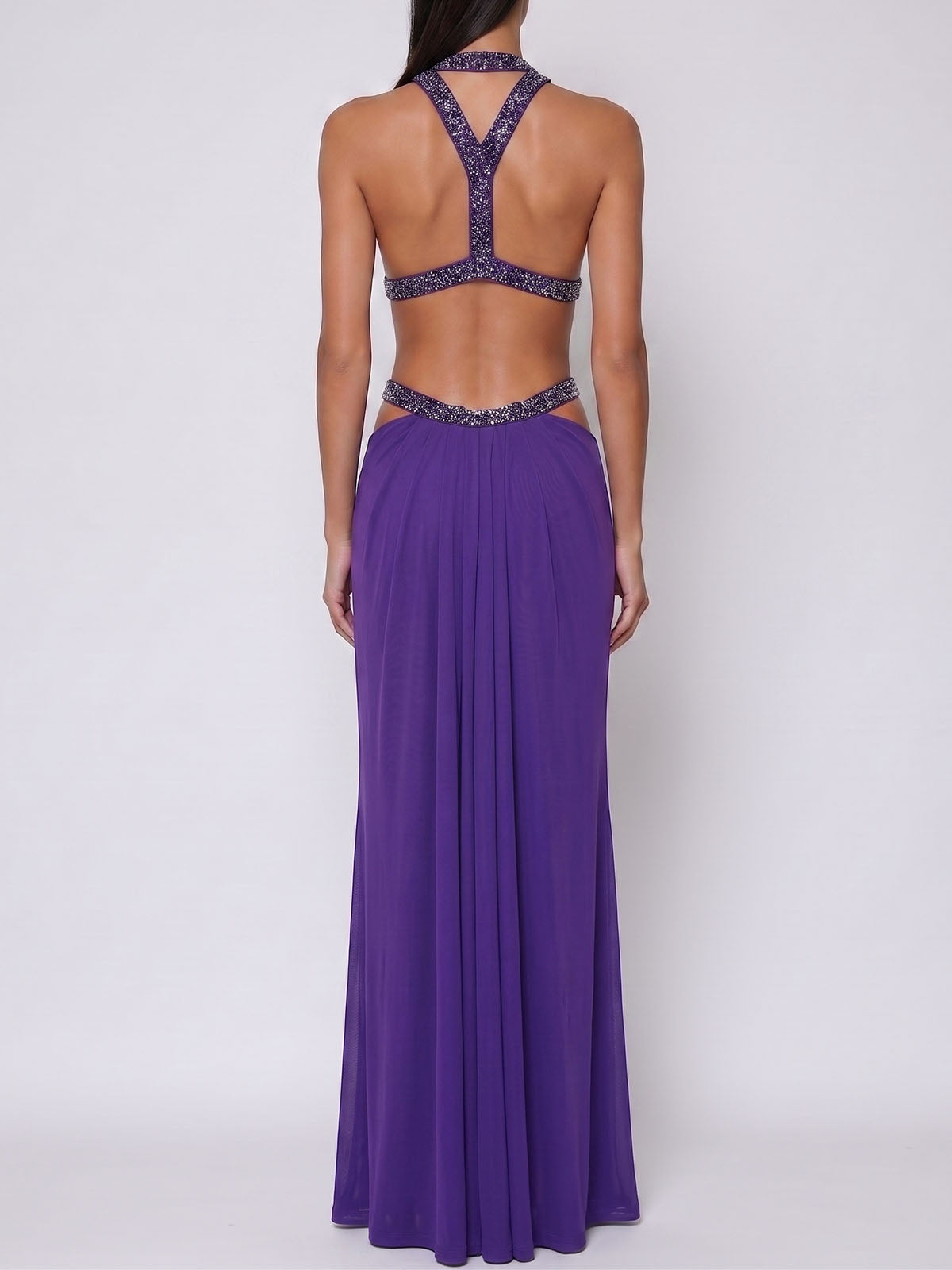 Sparkly Crystal Crew Neck Ruched Mesh Sexy Cut Out Maxi Dress - Dark Purple