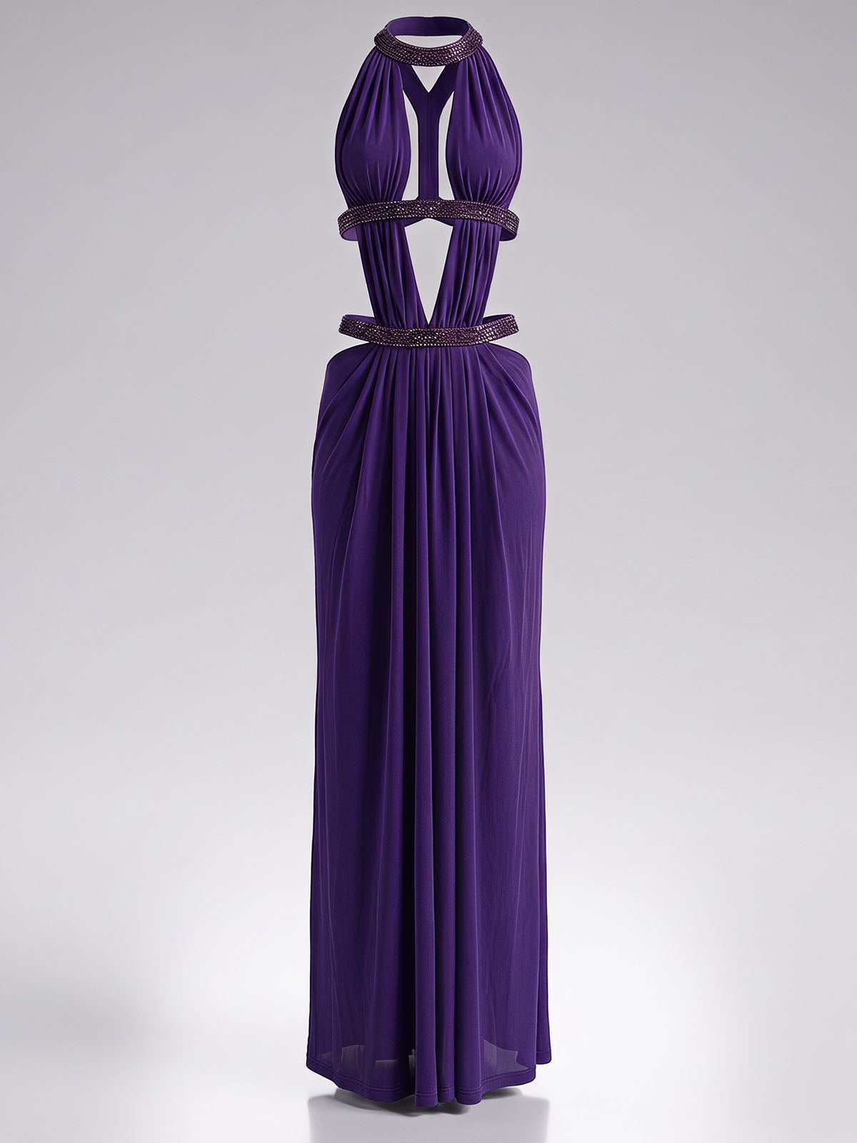 Sparkly Crystal Crew Neck Ruched Mesh Sexy Cut Out Maxi Dress - Dark Purple