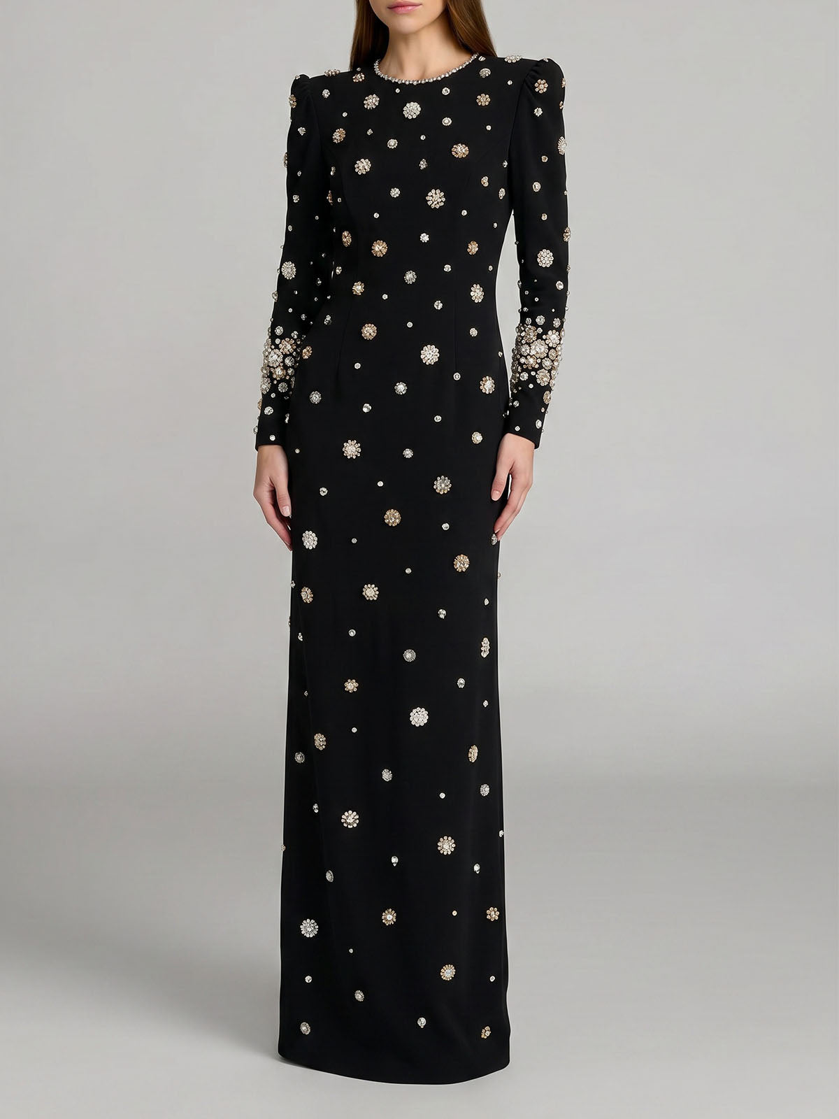 Sparkly Crystal Embellished Crew Neck Long Sleeve Maxi Dress - Black