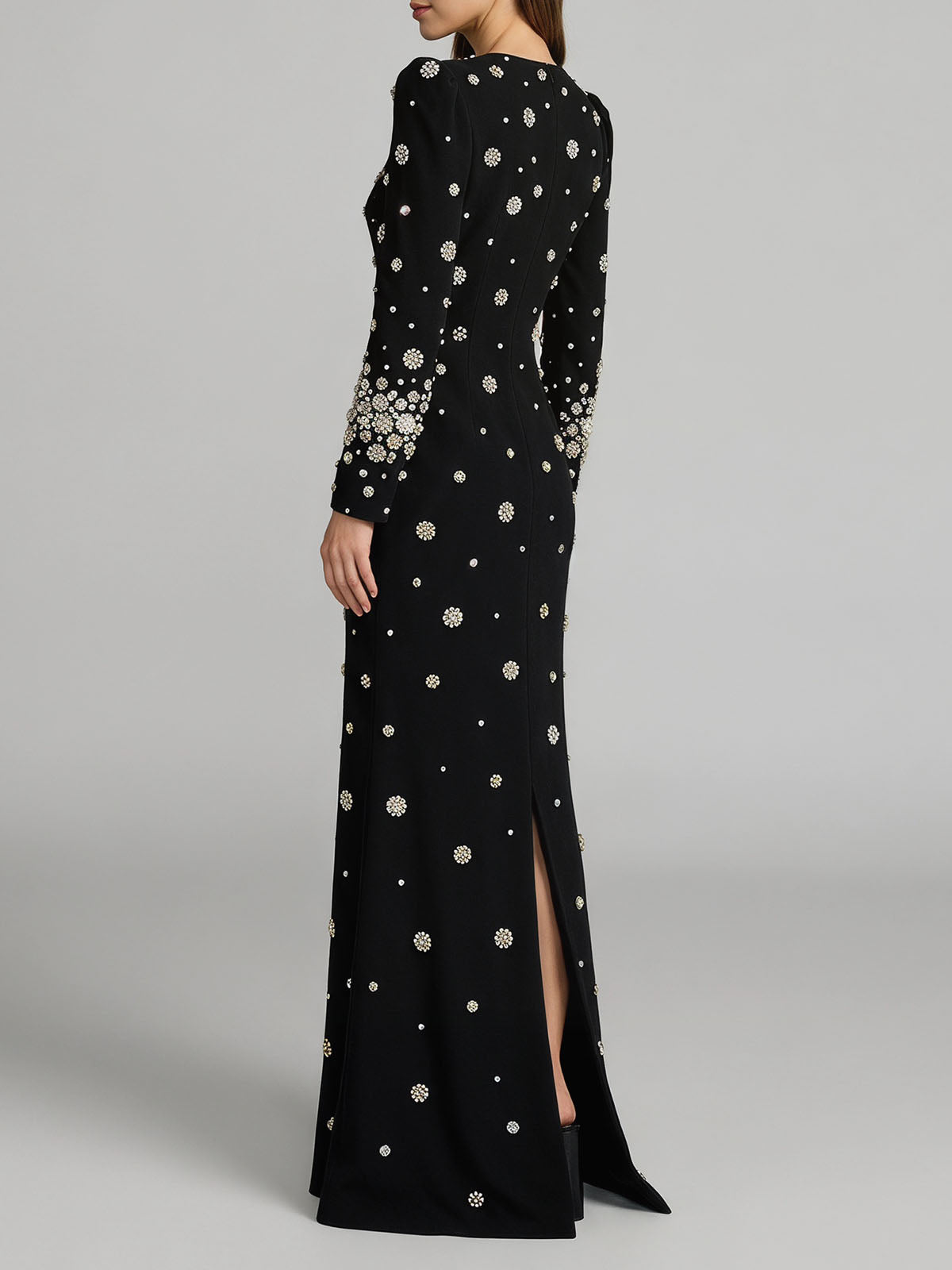 Sparkly Crystal Embellished Crew Neck Long Sleeve Maxi Dress - Black