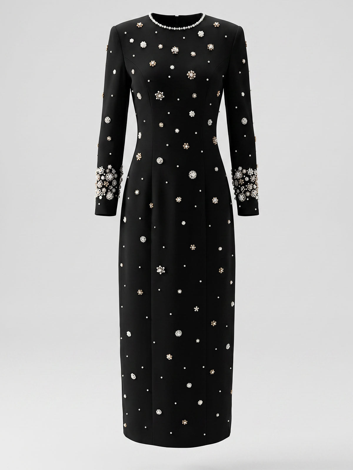 Sparkly Crystal Embellished Crew Neck Long Sleeve Maxi Dress - Black