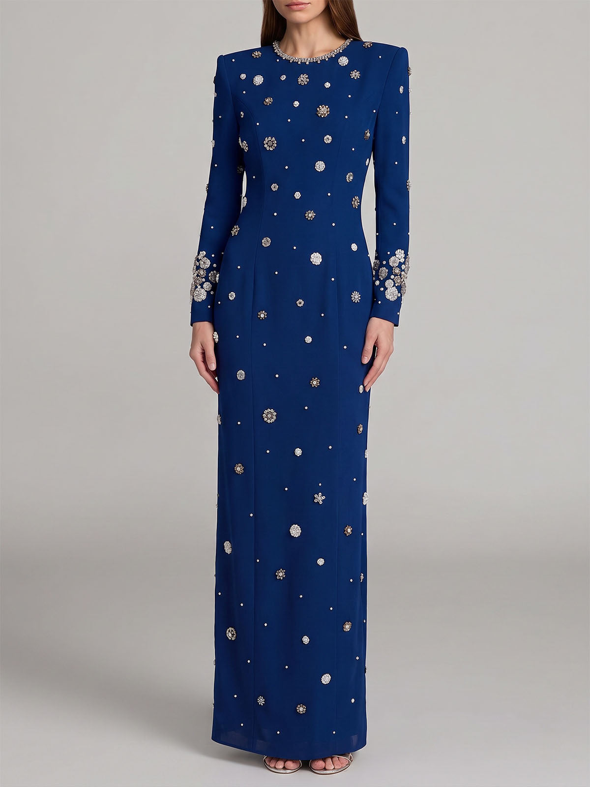 Sparkly Crystal Embellished Crew Neck Long Sleeve Maxi Dress - Navy