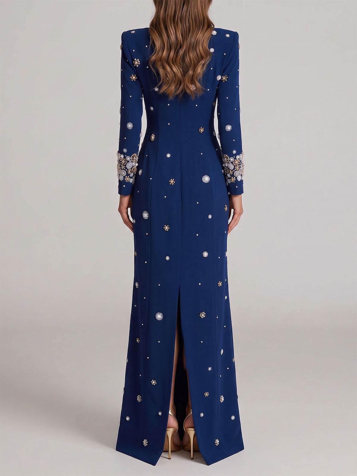 Sparkly Crystal Embellished Crew Neck Long Sleeve Maxi Dress - Navy