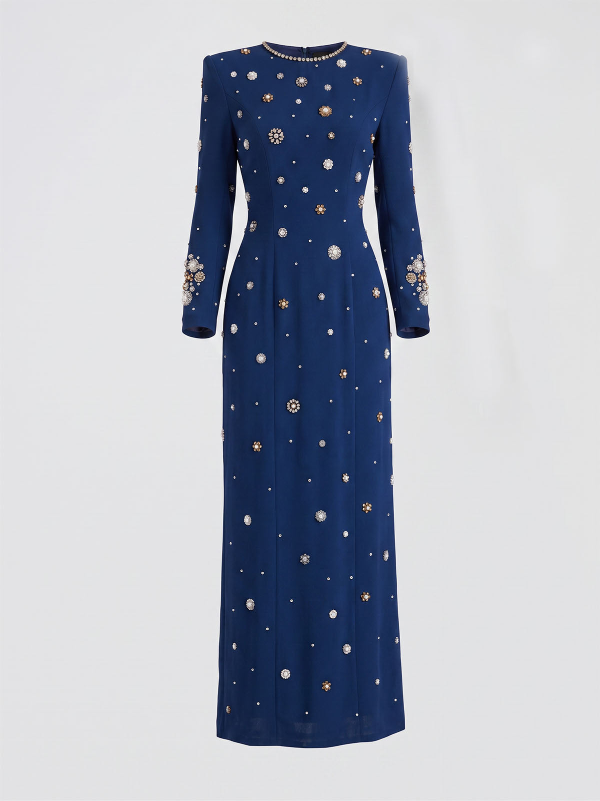 Sparkly Crystal Embellished Crew Neck Long Sleeve Maxi Dress - Navy