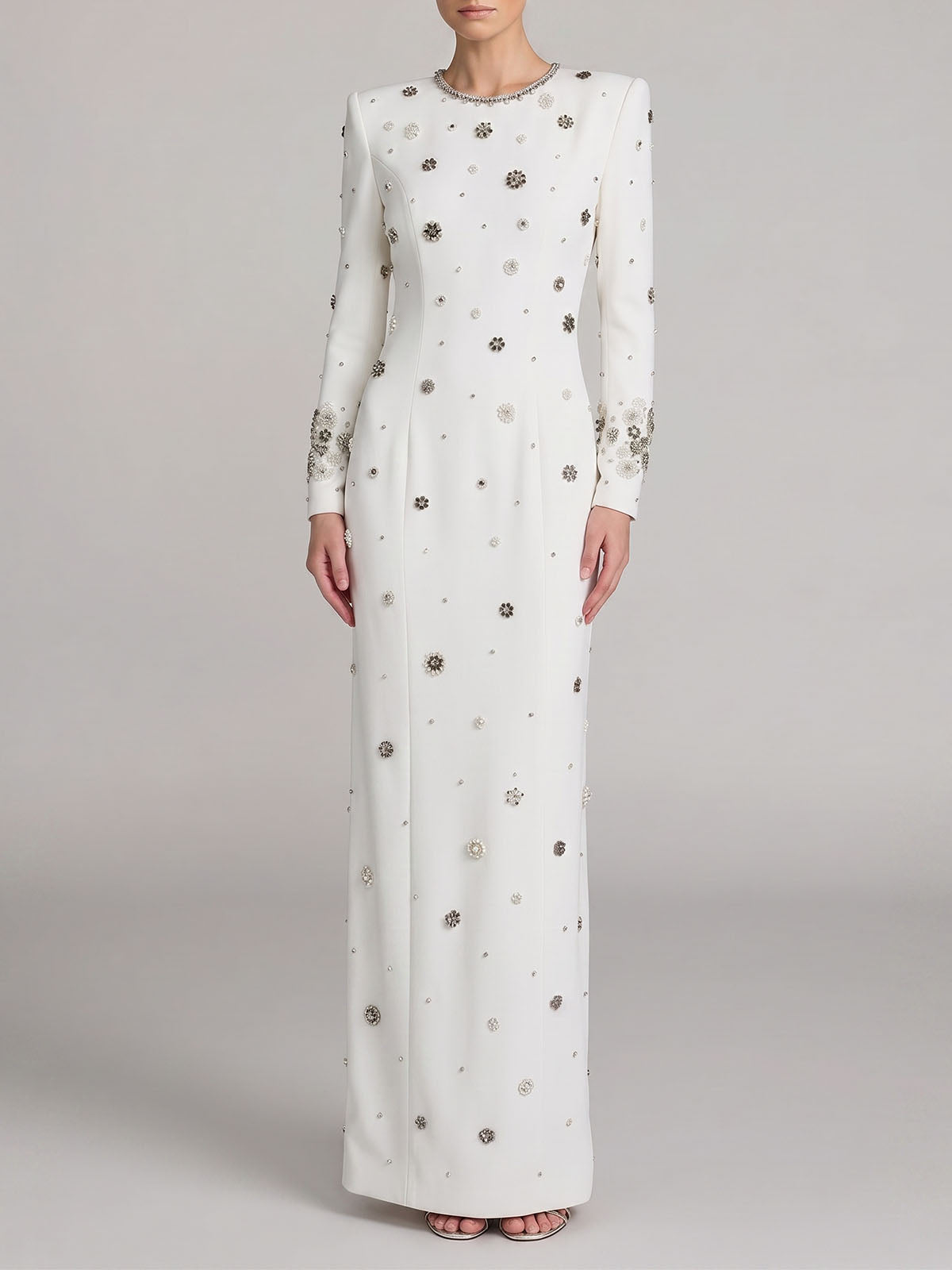 Sparkly Crystal Embellished Crew Neck Long Sleeve Maxi Dress - White