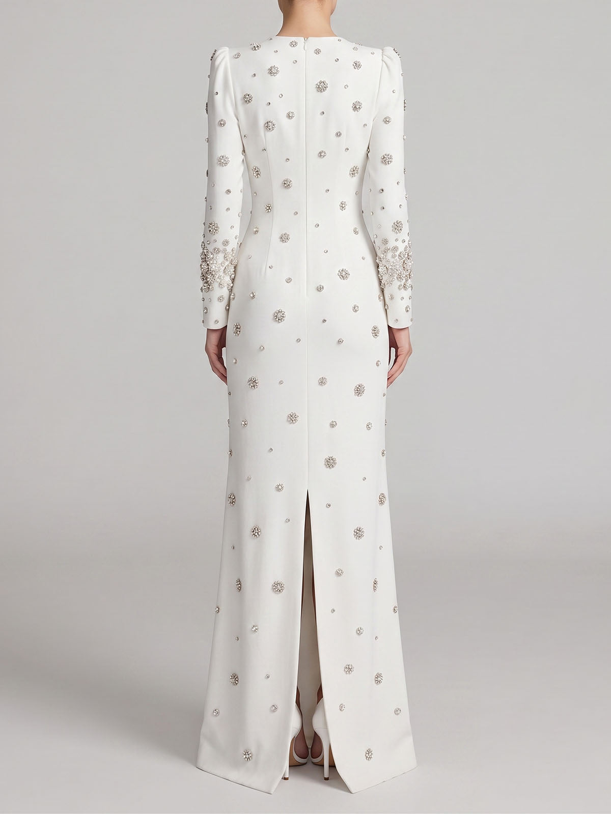 Sparkly Crystal Embellished Crew Neck Long Sleeve Maxi Dress - White