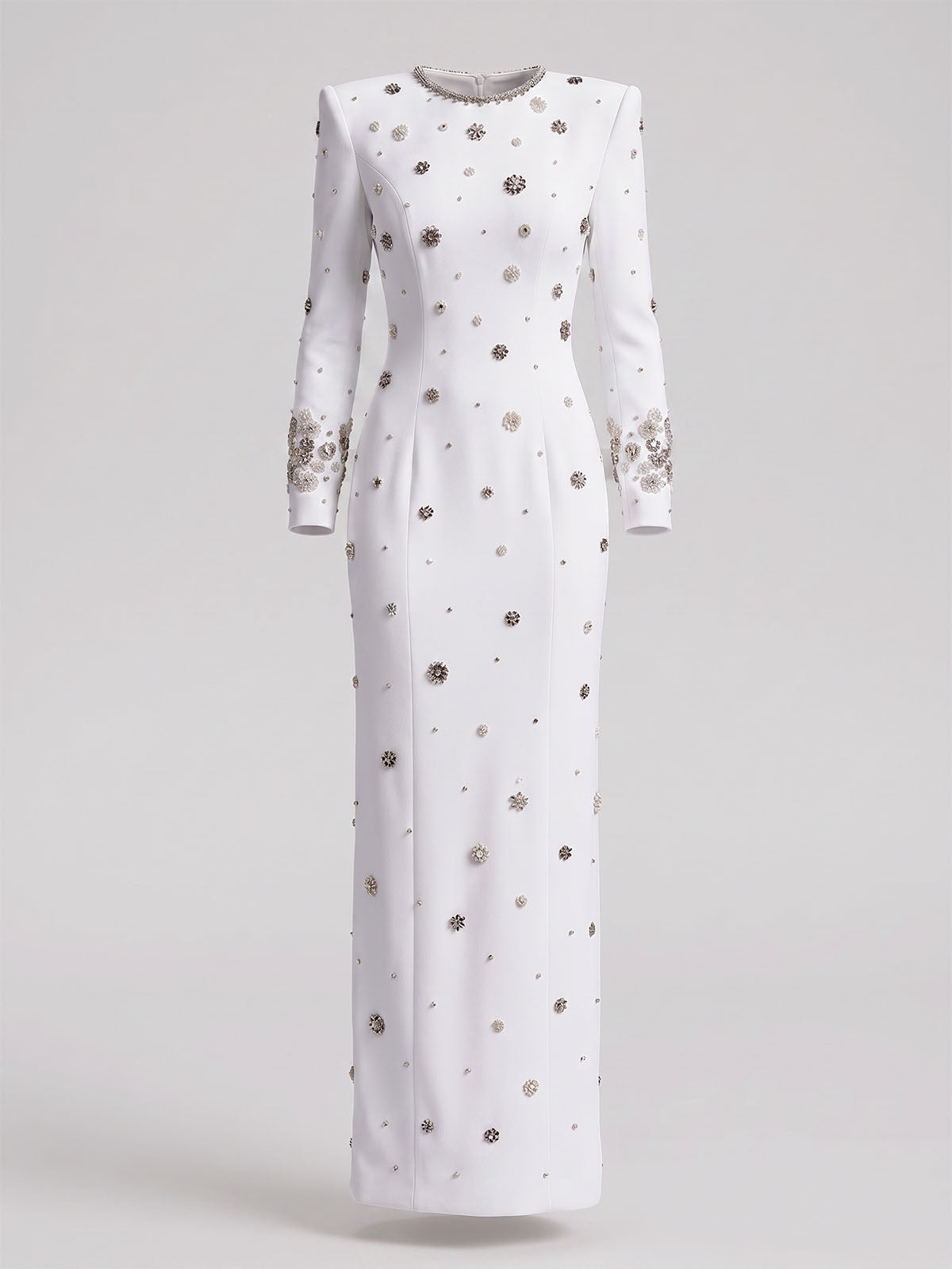 Sparkly Crystal Embellished Crew Neck Long Sleeve Maxi Dress - White