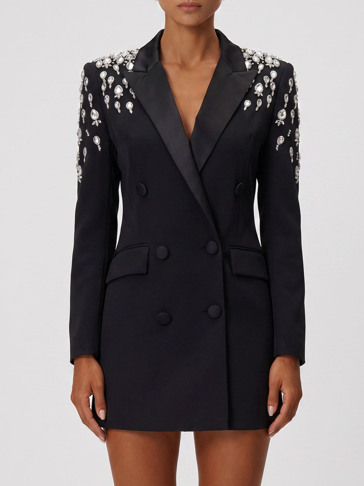 Sparkly Crystal Embellished Double Breasted Blazer Mini Dress - Black
