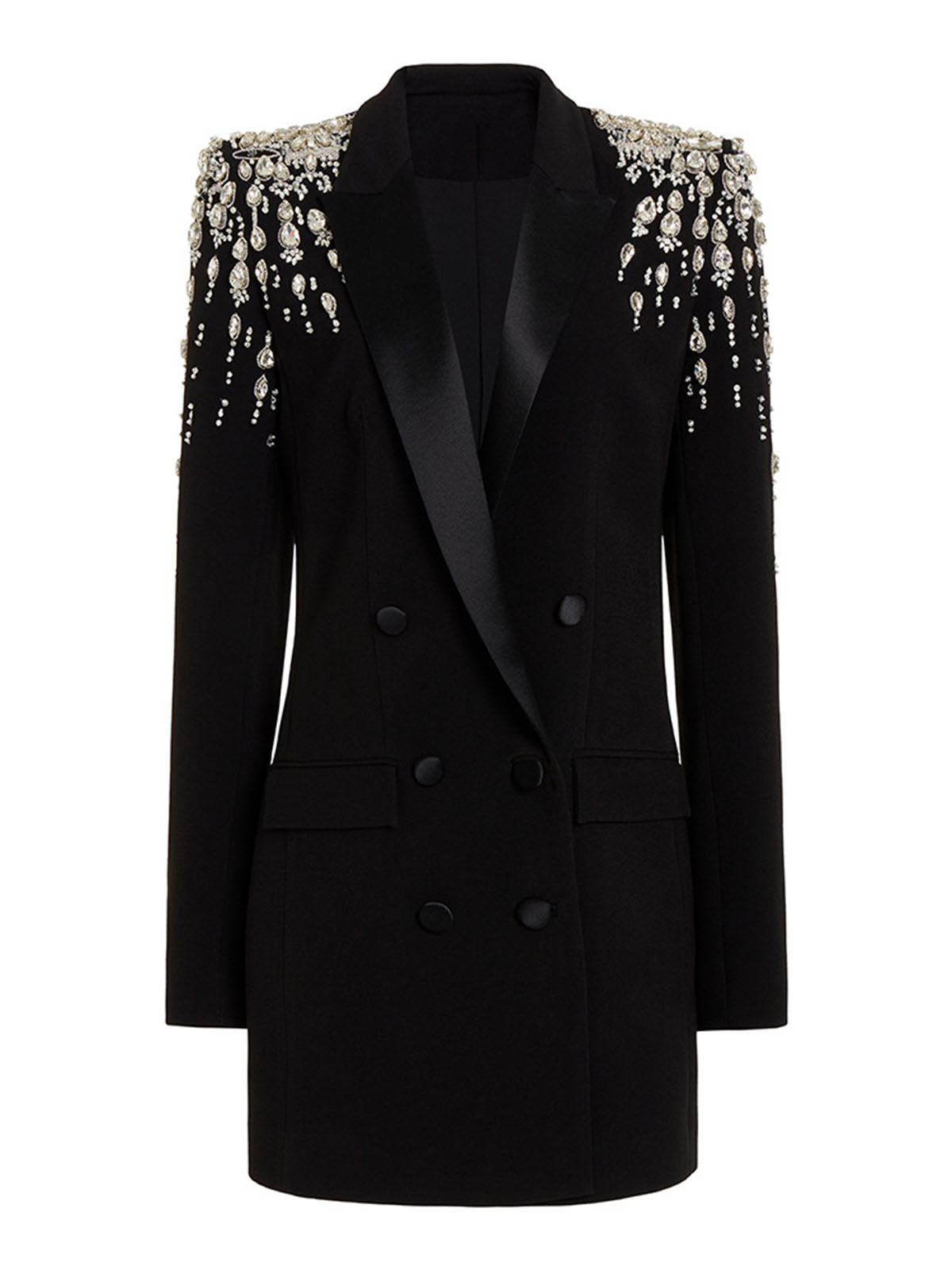 Sparkly Crystal Embellished Double Breasted Blazer Mini Dress - Black