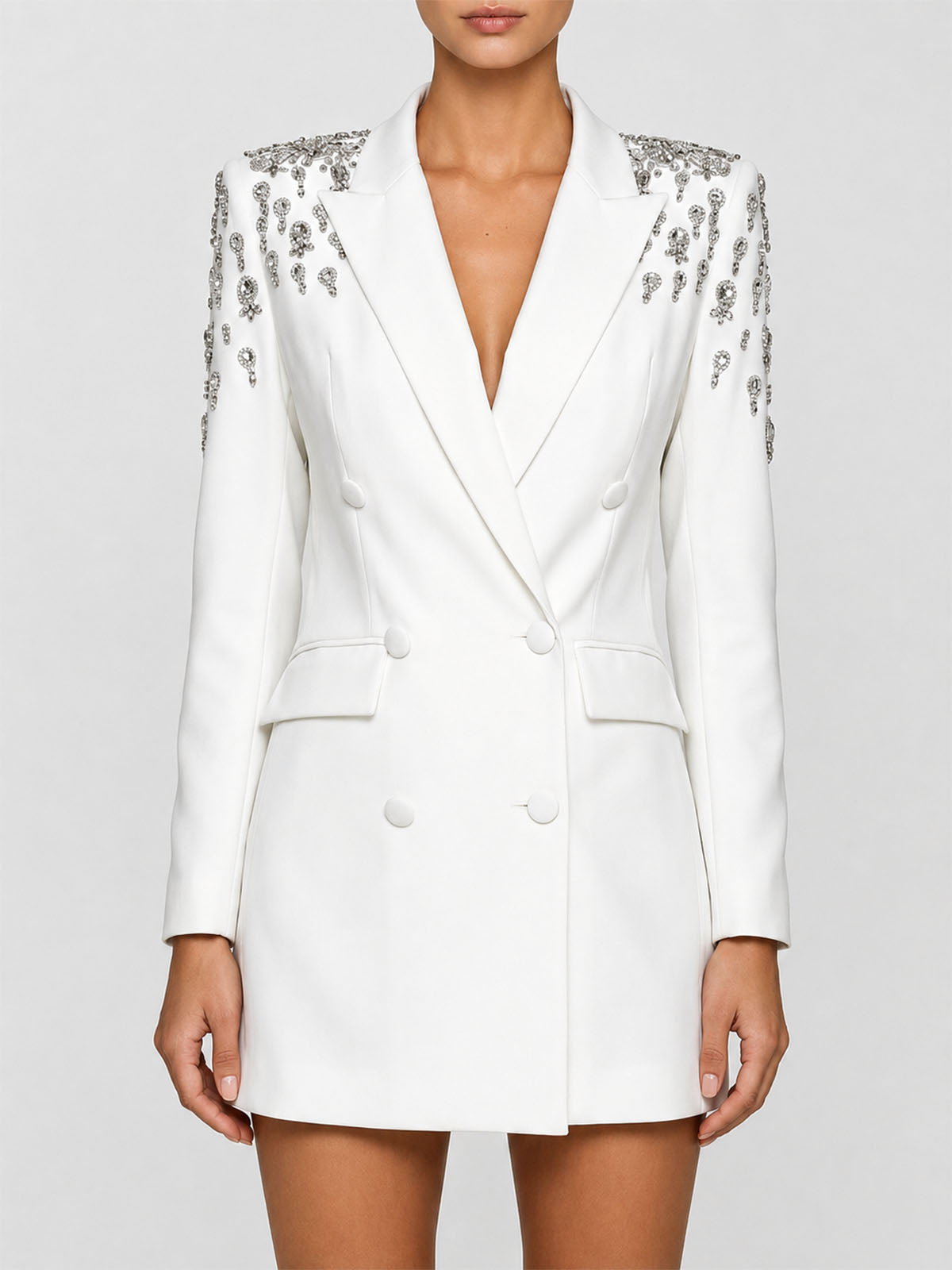 Sparkly Crystal Embellished Double Breasted Blazer Mini Dress - White