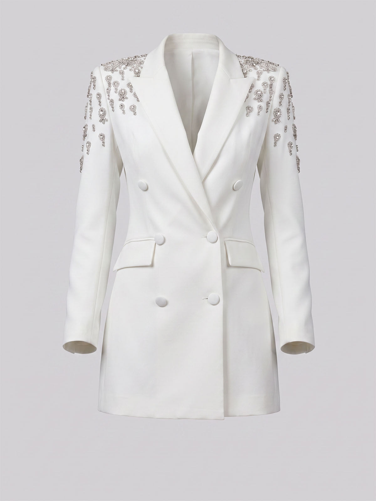 Sparkly Crystal Embellished Double Breasted Blazer Mini Dress - White