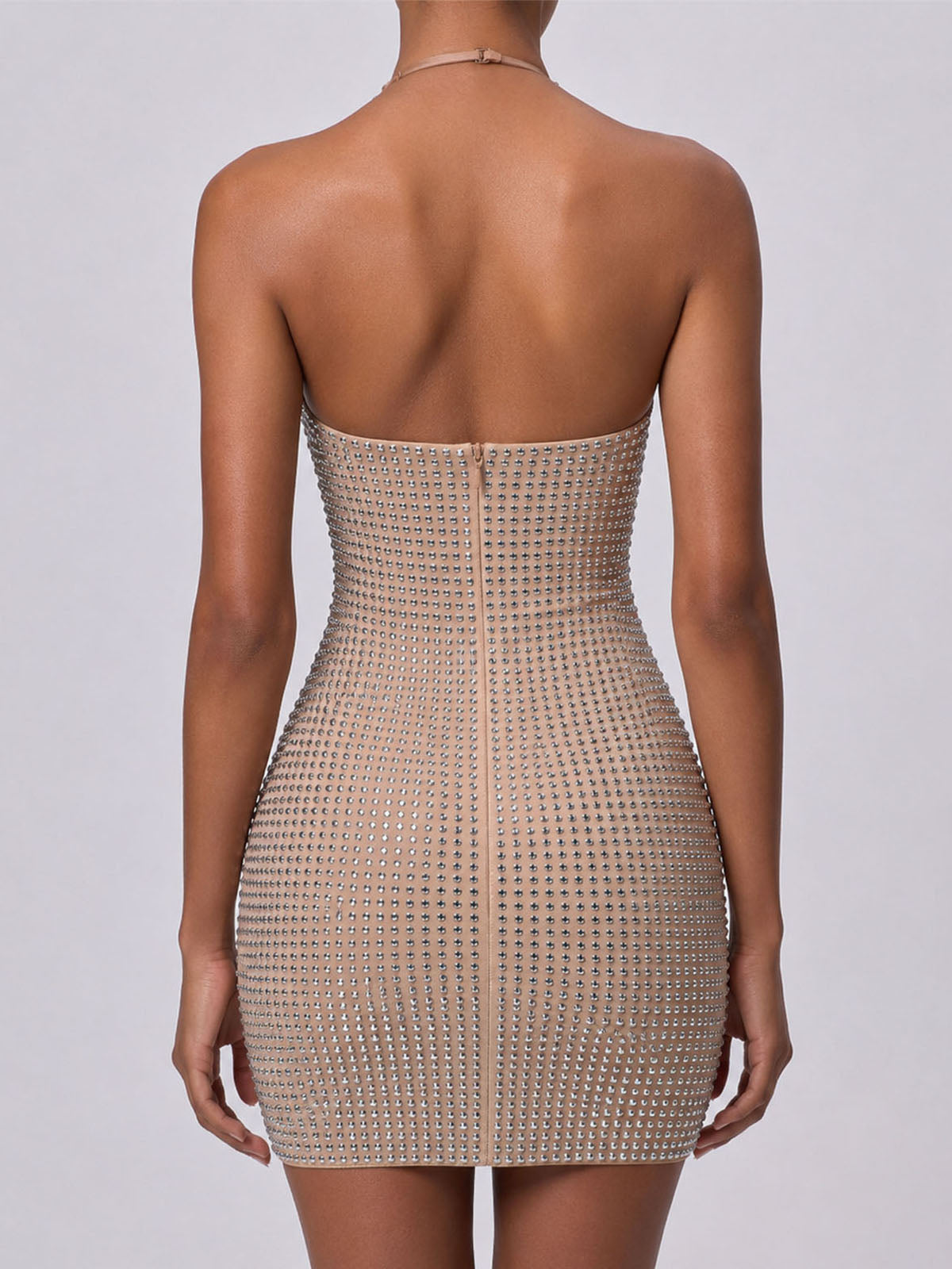 Sparkly Crystal Embellished Mesh Halter Party Mini Dress - Nude