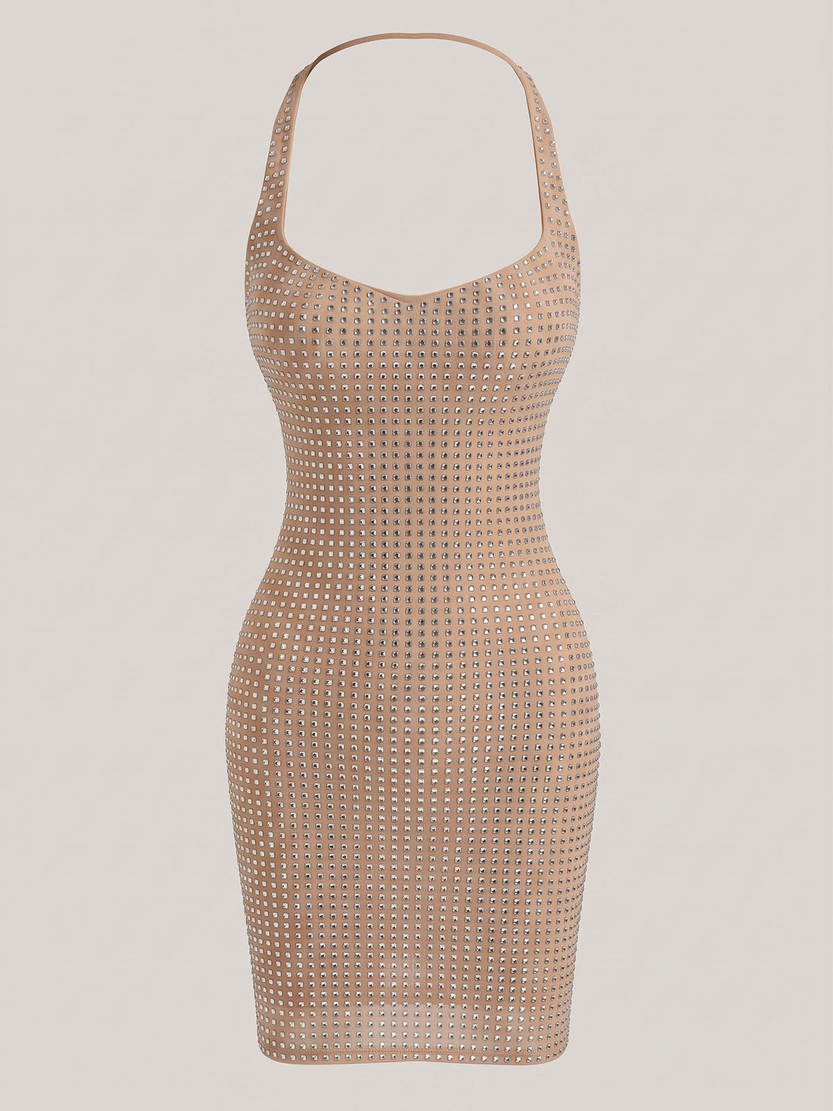 Sparkly Crystal Embellished Mesh Halter Party Mini Dress - Nude