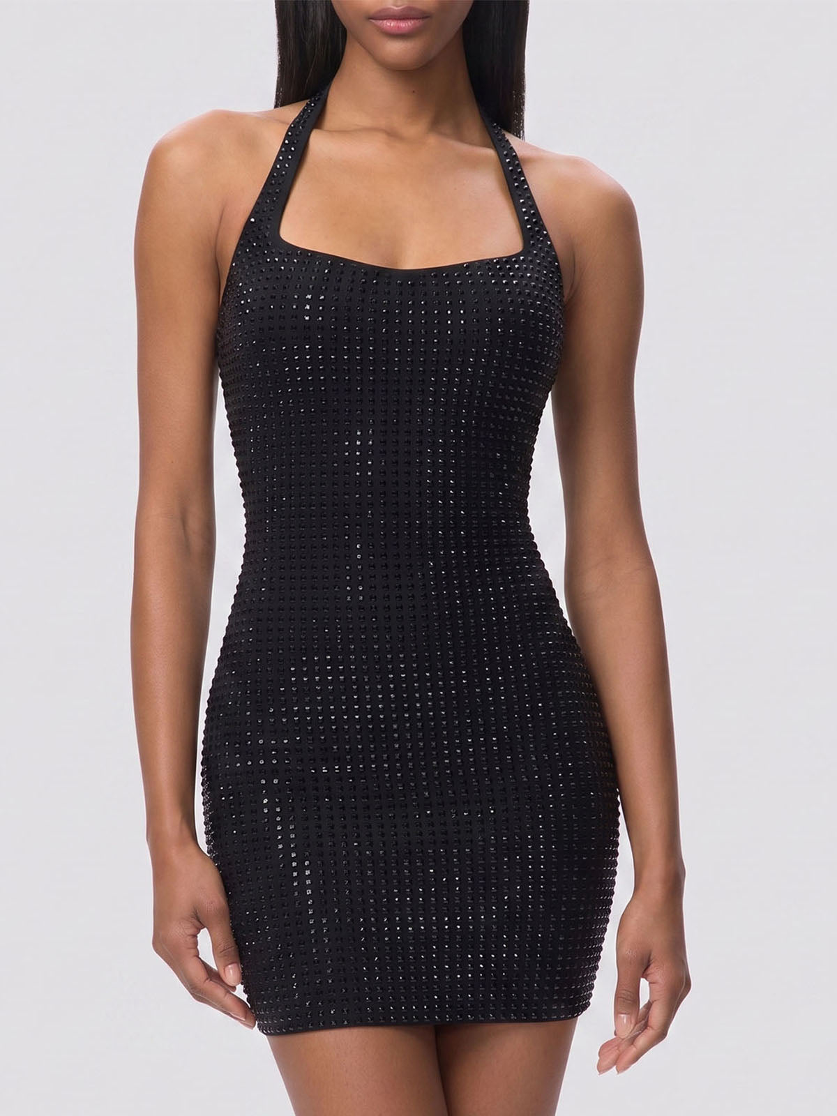 Sparkly Crystal Embellished Mesh Halter Party Mini Dress - Black