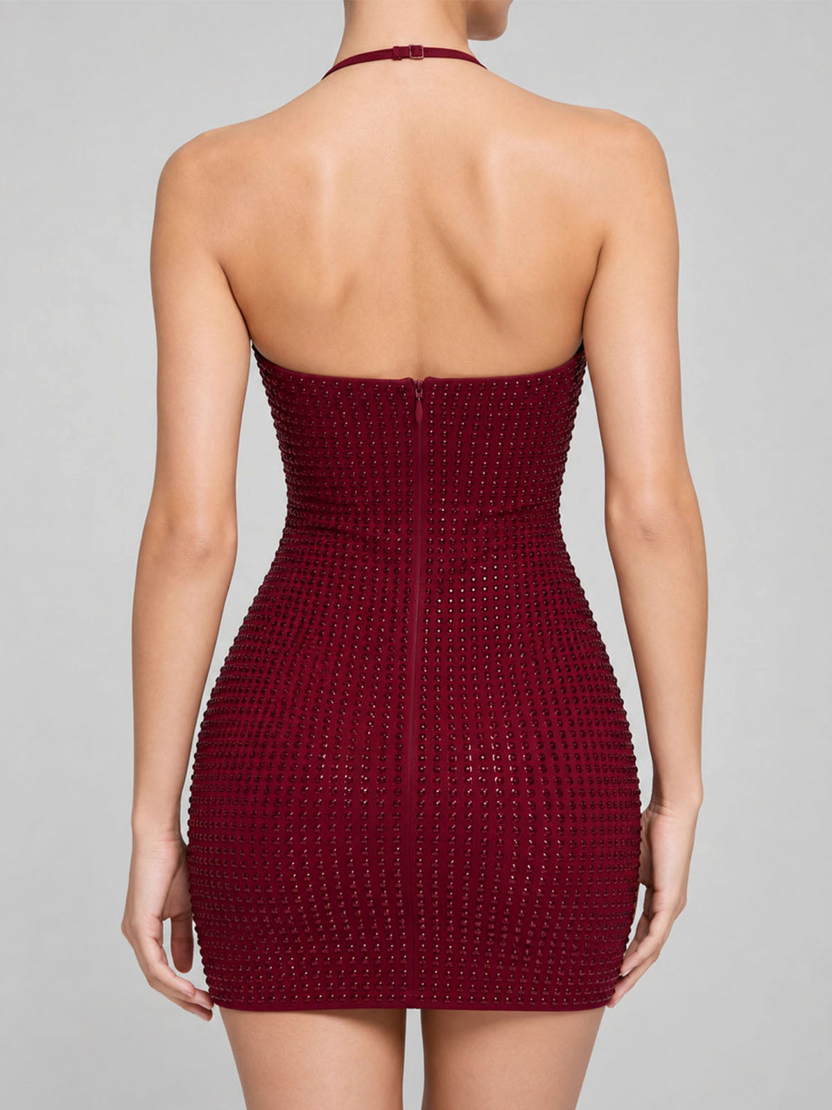 Sparkly Crystal Embellished Mesh Halter Party Mini Dress - Burgundy