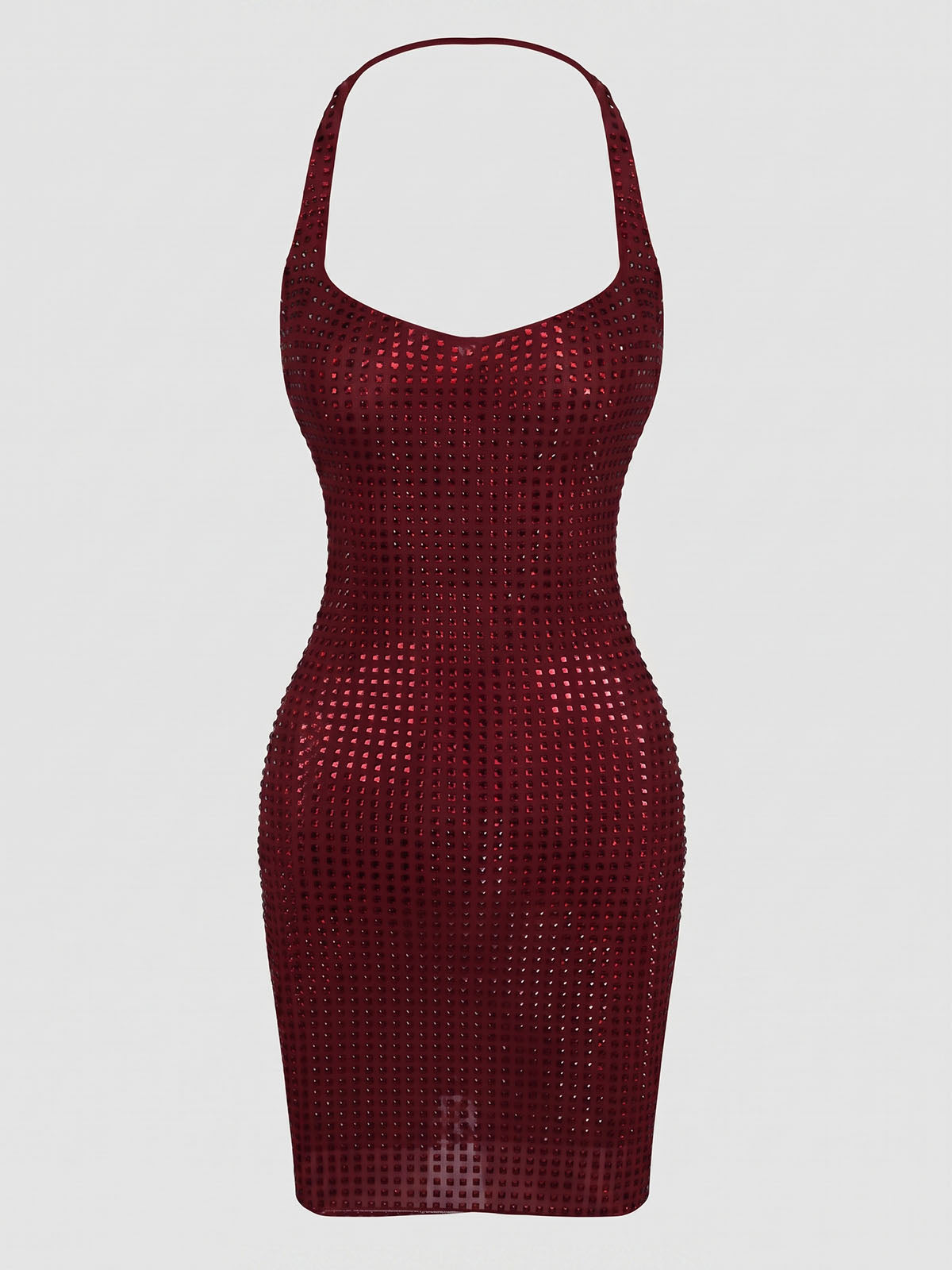 Sparkly Crystal Embellished Mesh Halter Party Mini Dress - Burgundy