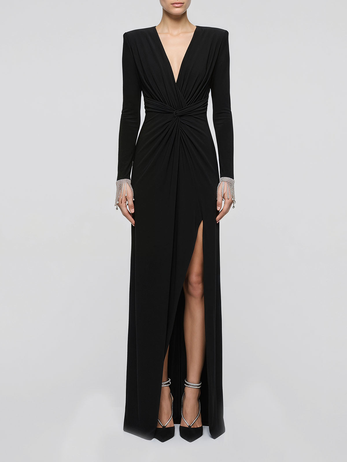 Sparkly Crystal Fringe Deep V Twist Long Sleeve Formal Maxi Dress - Black