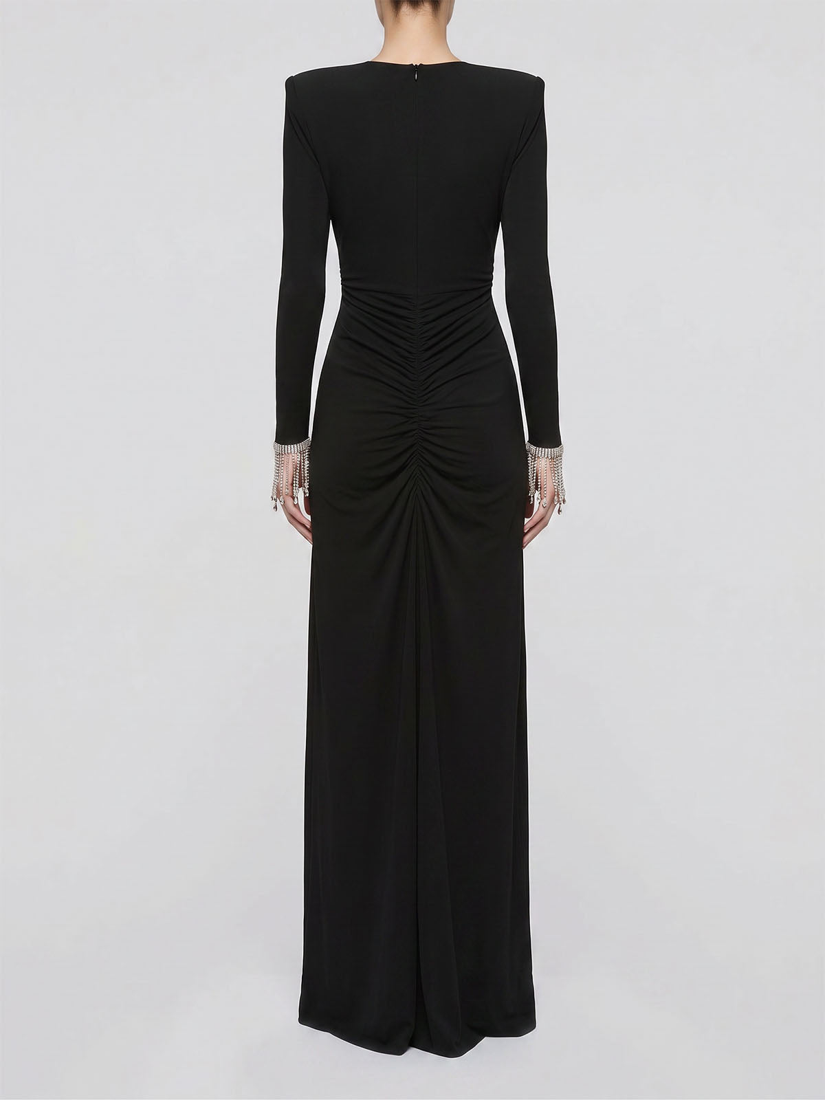 Sparkly Crystal Fringe Deep V Twist Long Sleeve Formal Maxi Dress - Black