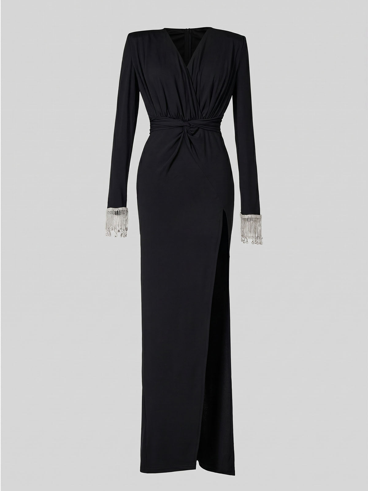 Sparkly Crystal Fringe Deep V Twist Long Sleeve Formal Maxi Dress - Black